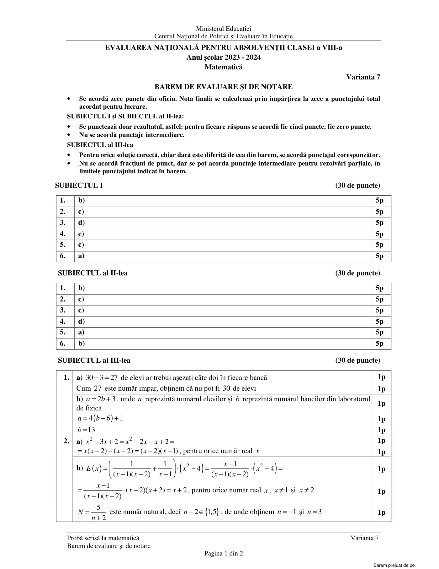 Pagina 1 din baremul pentru examen oficial (sesiunea iunie), matematică, 27 iunie 2024