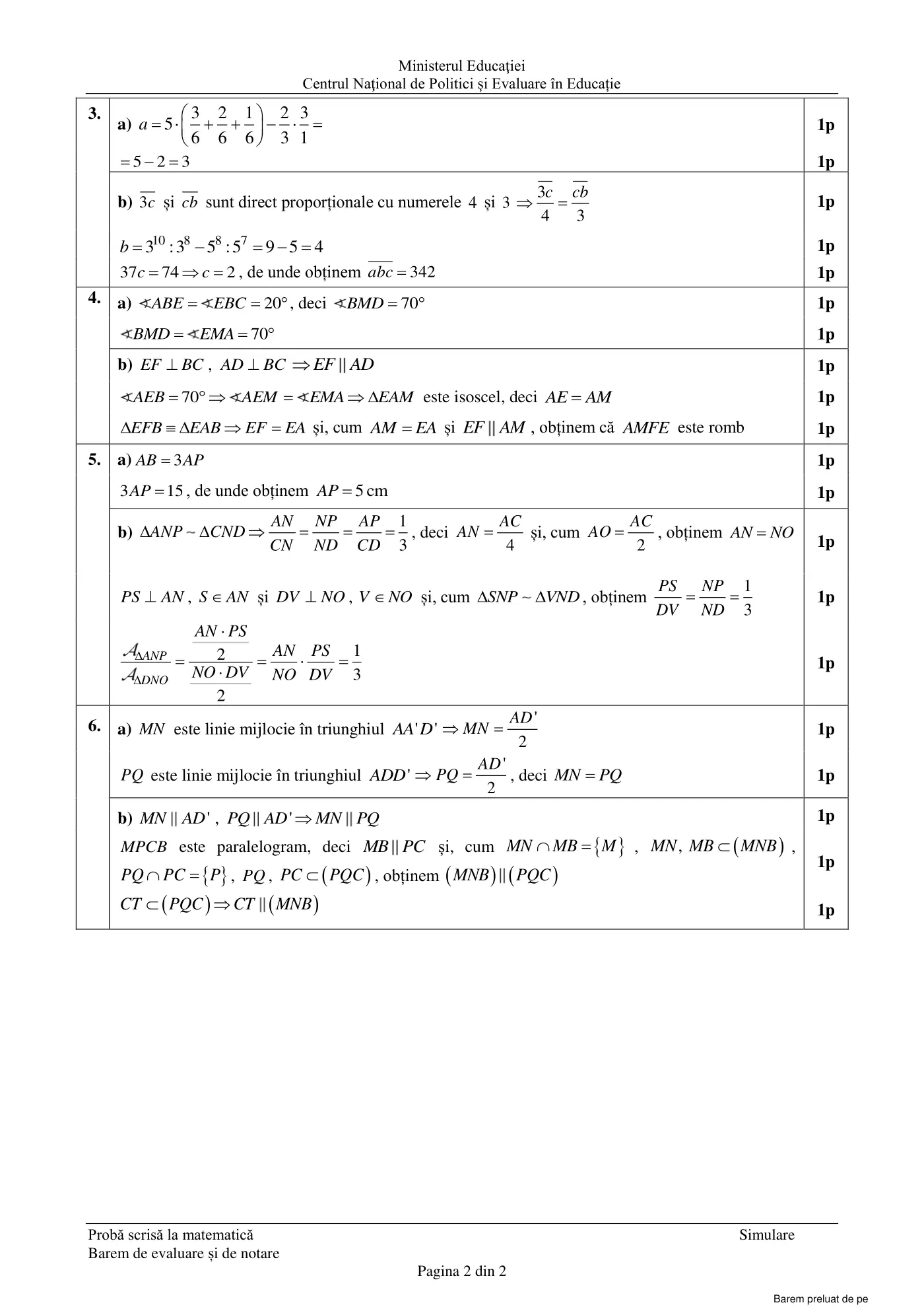 Pagina 2 din baremul pentru simulare națională, matematică, 6 februarie 2024