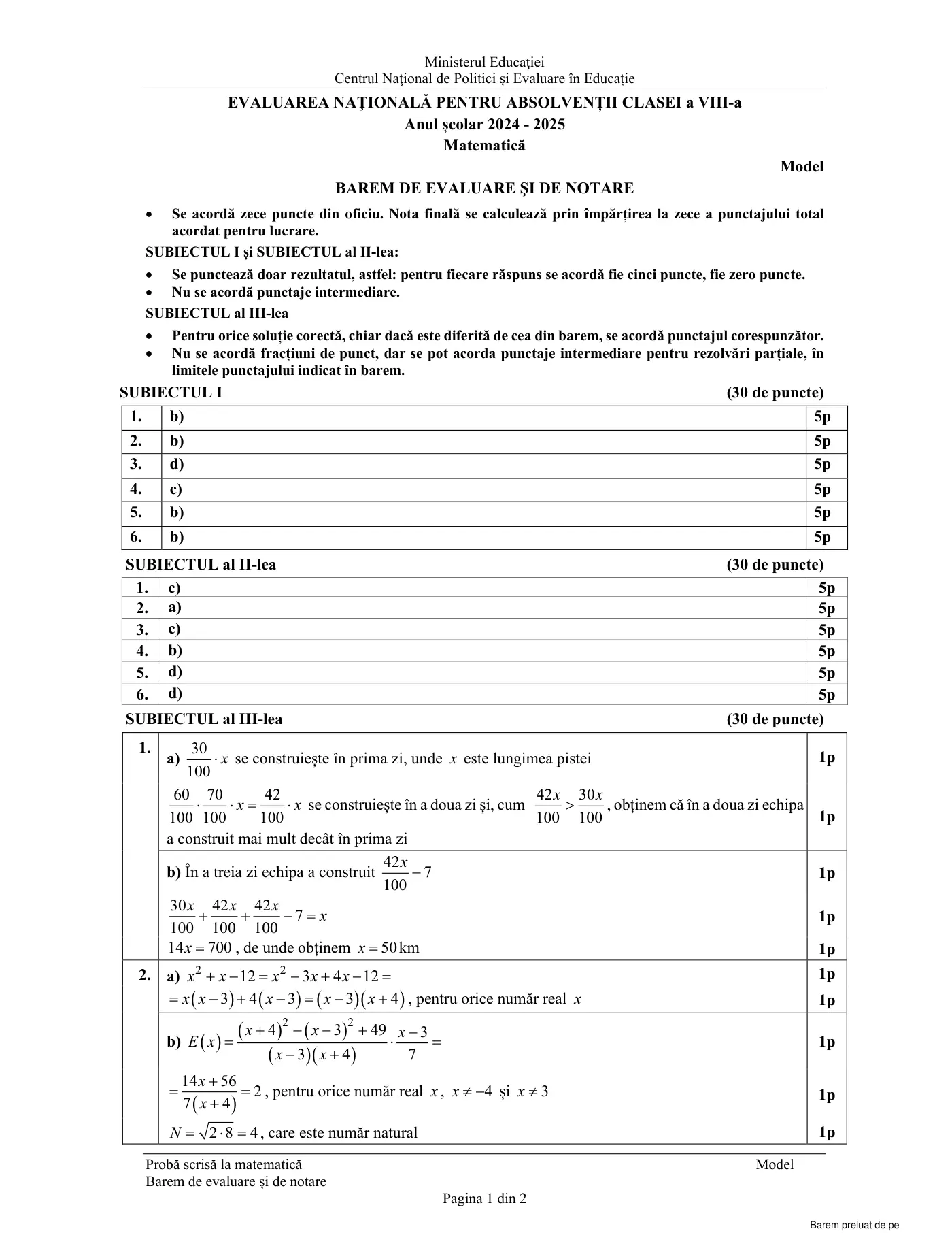 Pagina 1 din baremul pentru model oficial, matematică, noiembrie 2024