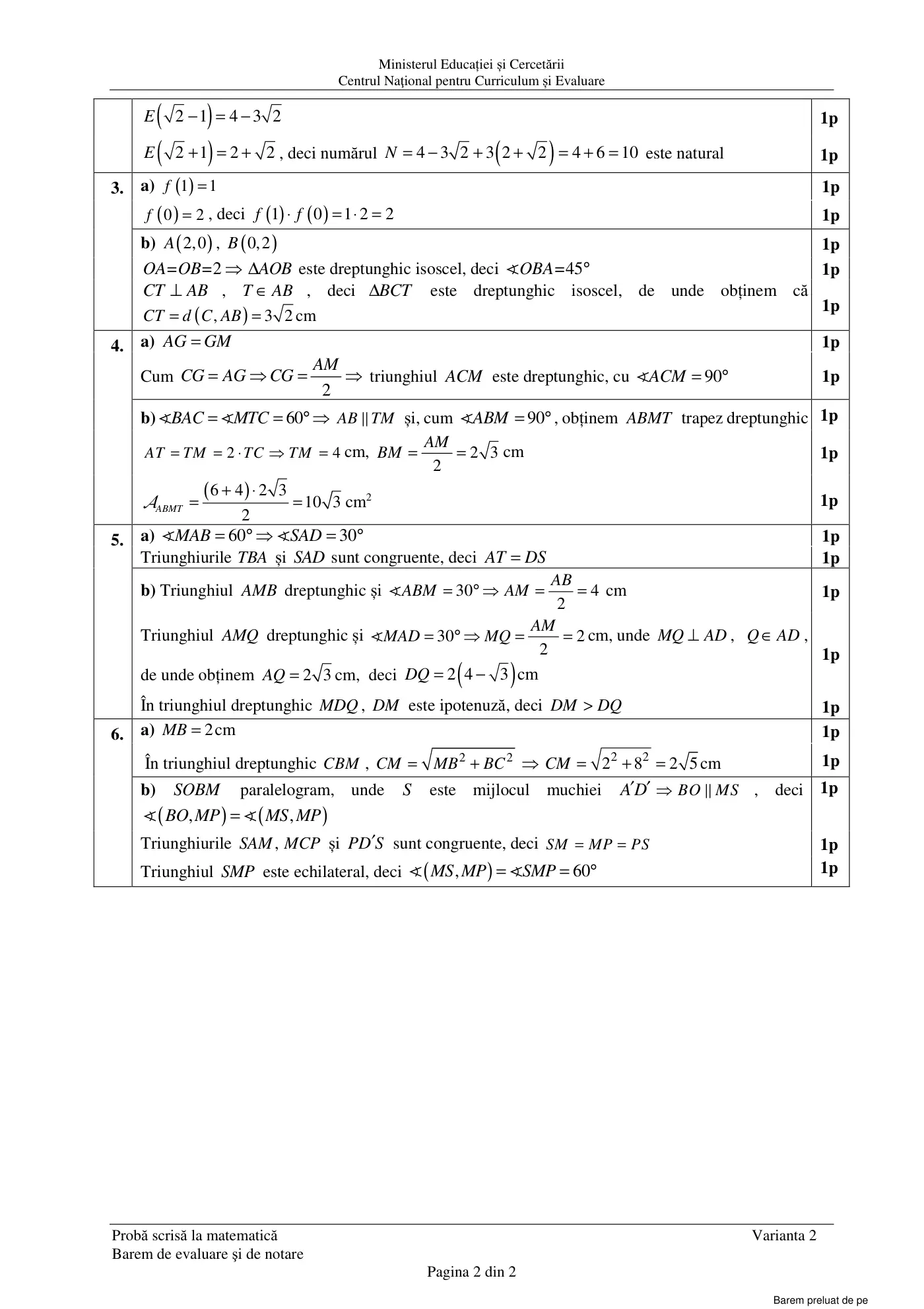 Pagina 2 din baremul pentru subiect de rezervă, matematică, 25 iunie 2025