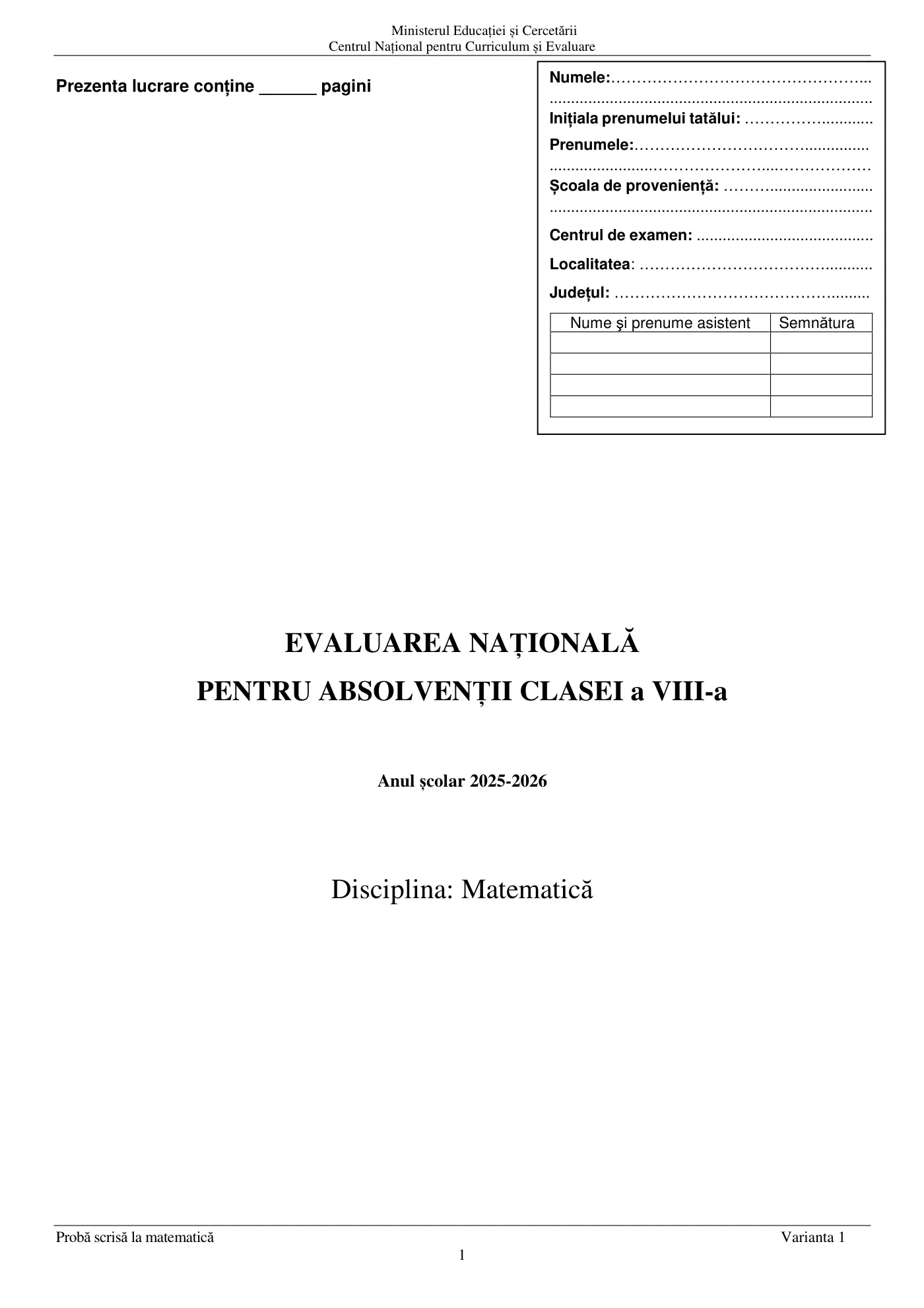 Pagina 1 din subiectul examen oficial (sesiunea iunie), matematică, 24 iunie 2026