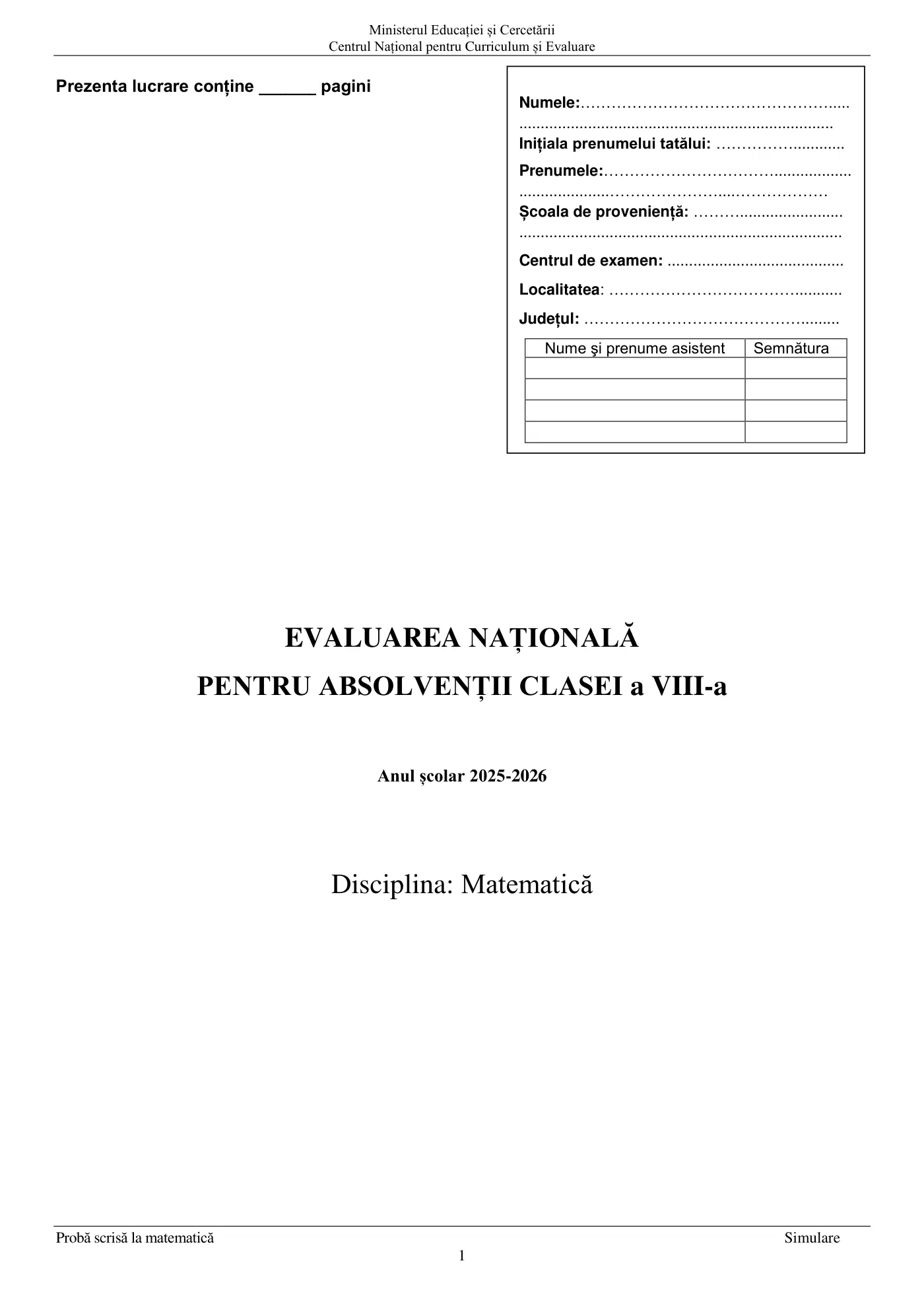 Pagina 1 din subiectul simulare națională ii, matematică, 28 aprilie 2026