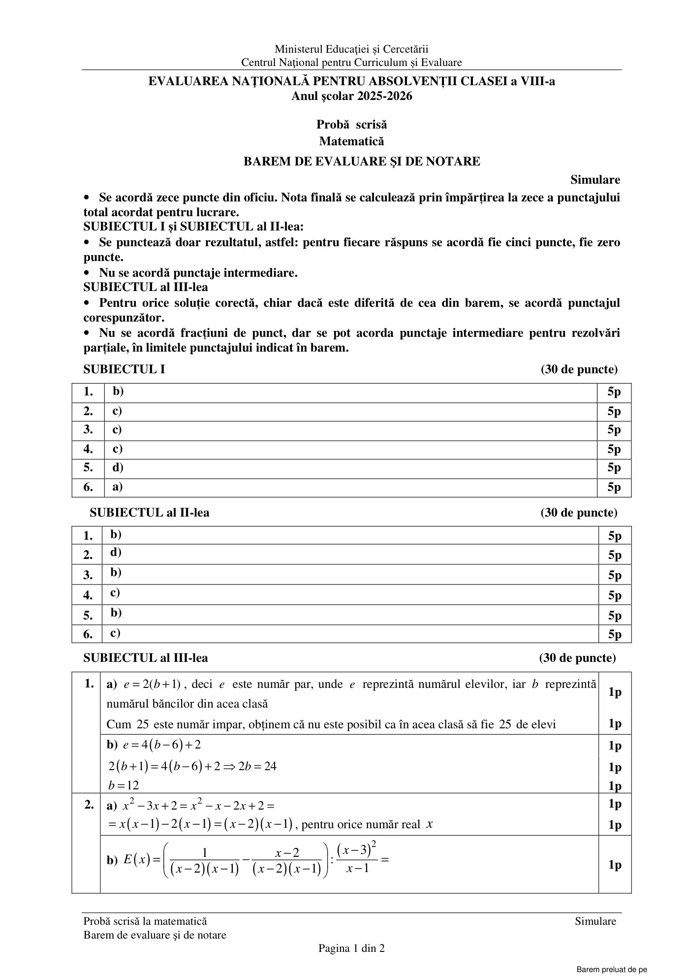 Pagina 1 din baremul pentru simulare națională, matematică, 17 martie 2026
