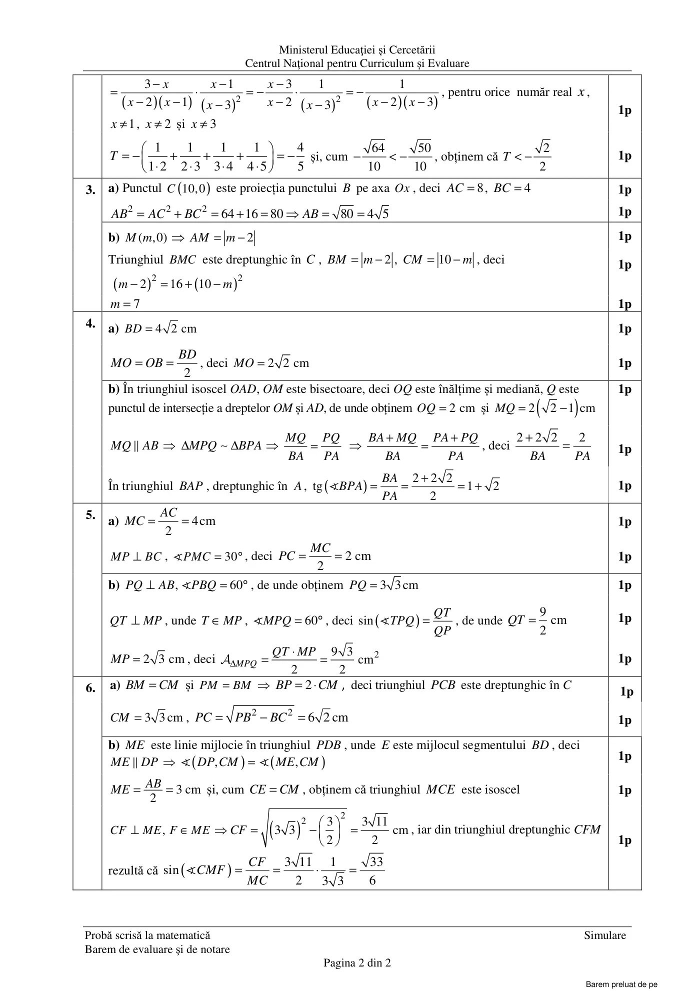 Pagina 2 din baremul pentru simulare națională, matematică, 17 martie 2026