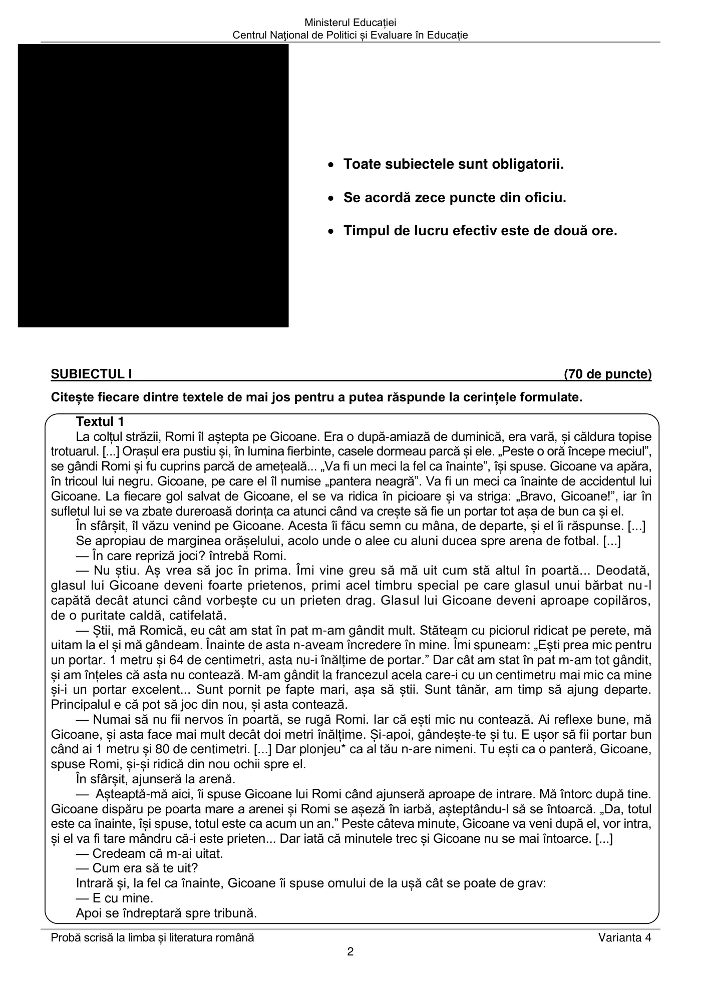 Pagina 2 din subiectul examen oficial (sesiunea iunie), limba și literatura română, 22 iunie 2021