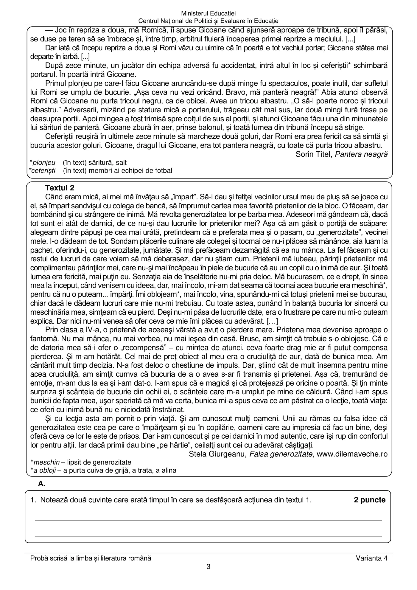Pagina 3 din subiectul examen oficial (sesiunea iunie), limba și literatura română, 22 iunie 2021