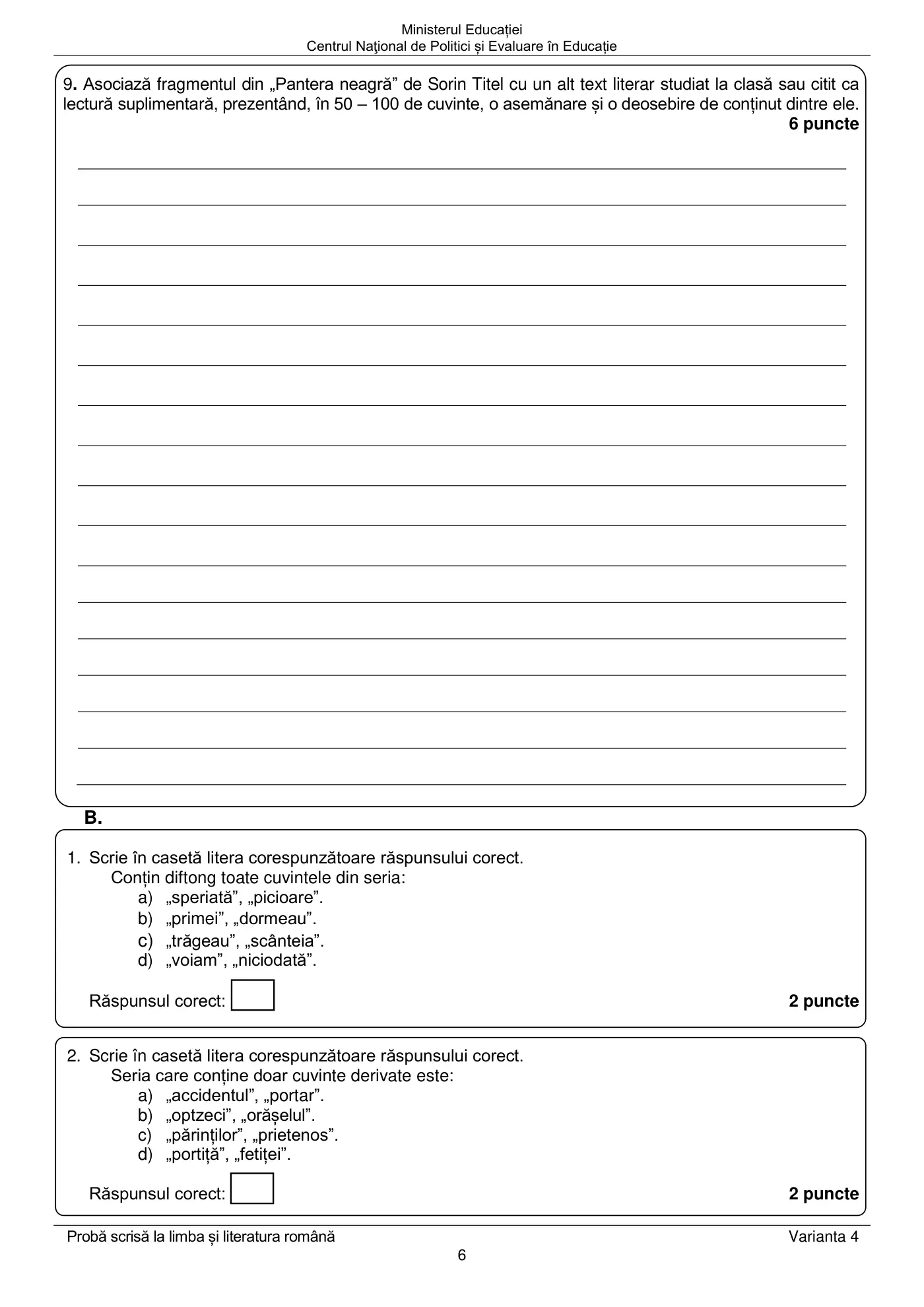 Pagina 6 din subiectul examen oficial (sesiunea iunie), limba și literatura română, 22 iunie 2021