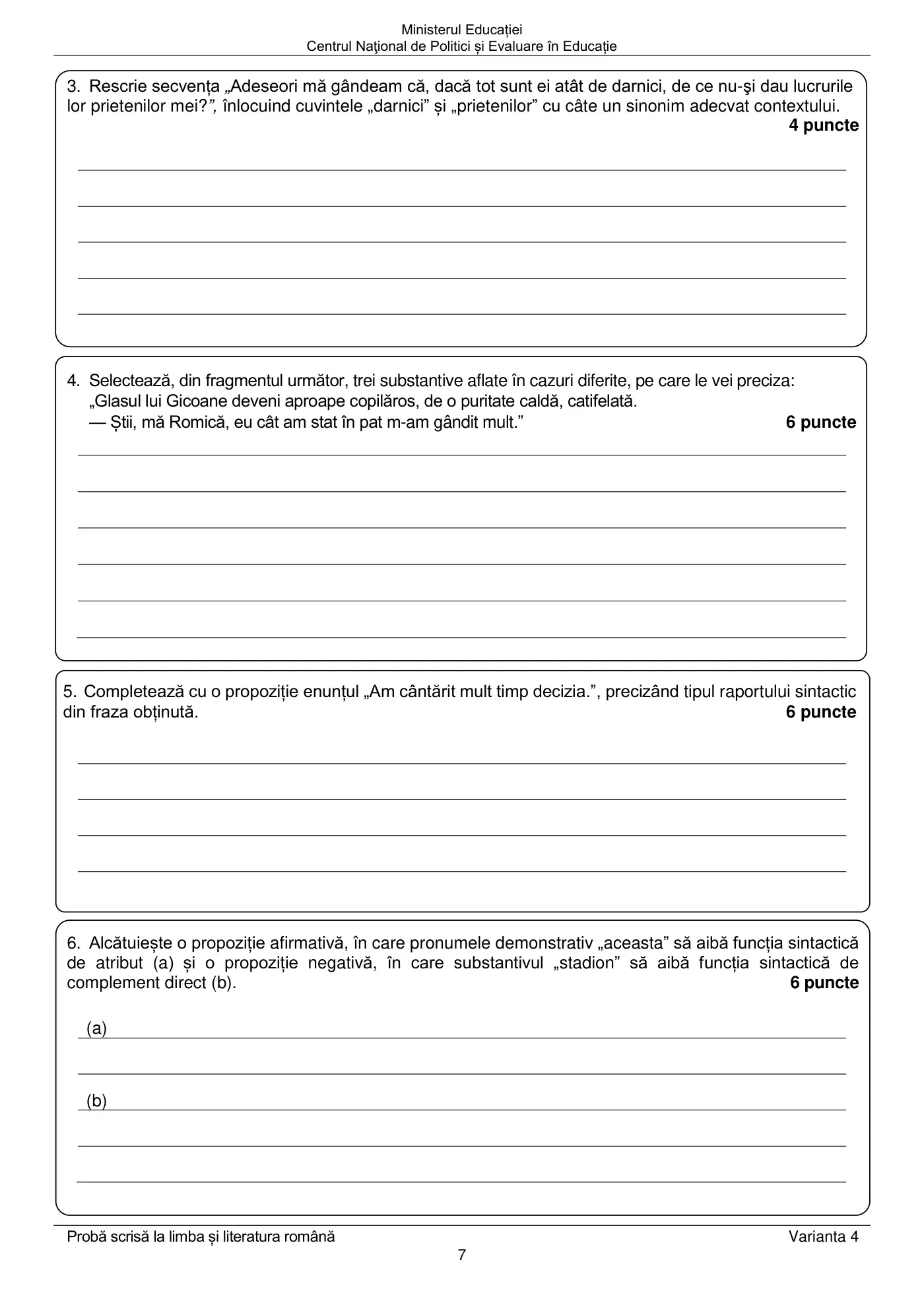 Pagina 7 din subiectul examen oficial (sesiunea iunie), limba și literatura română, 22 iunie 2021