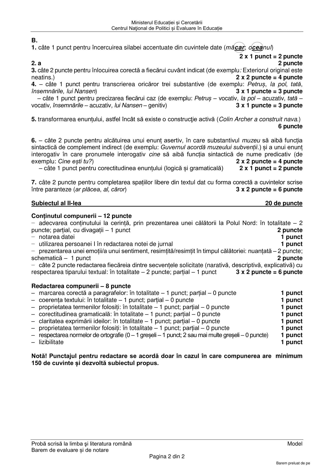 Pagina 2 din baremul pentru model oficial, limba și literatura română, noiembrie 2020