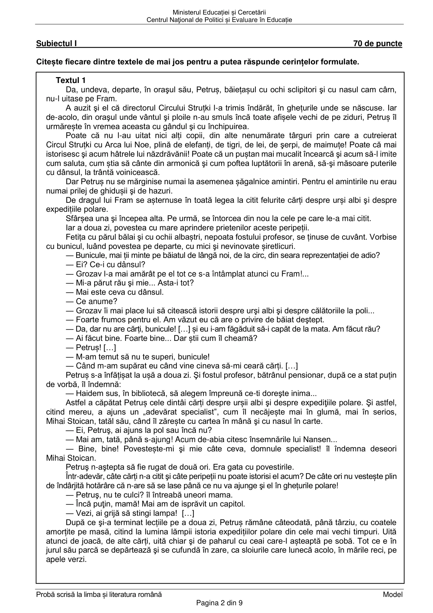 Pagina 2 din subiectul model oficial, limba și literatura română, noiembrie 2020