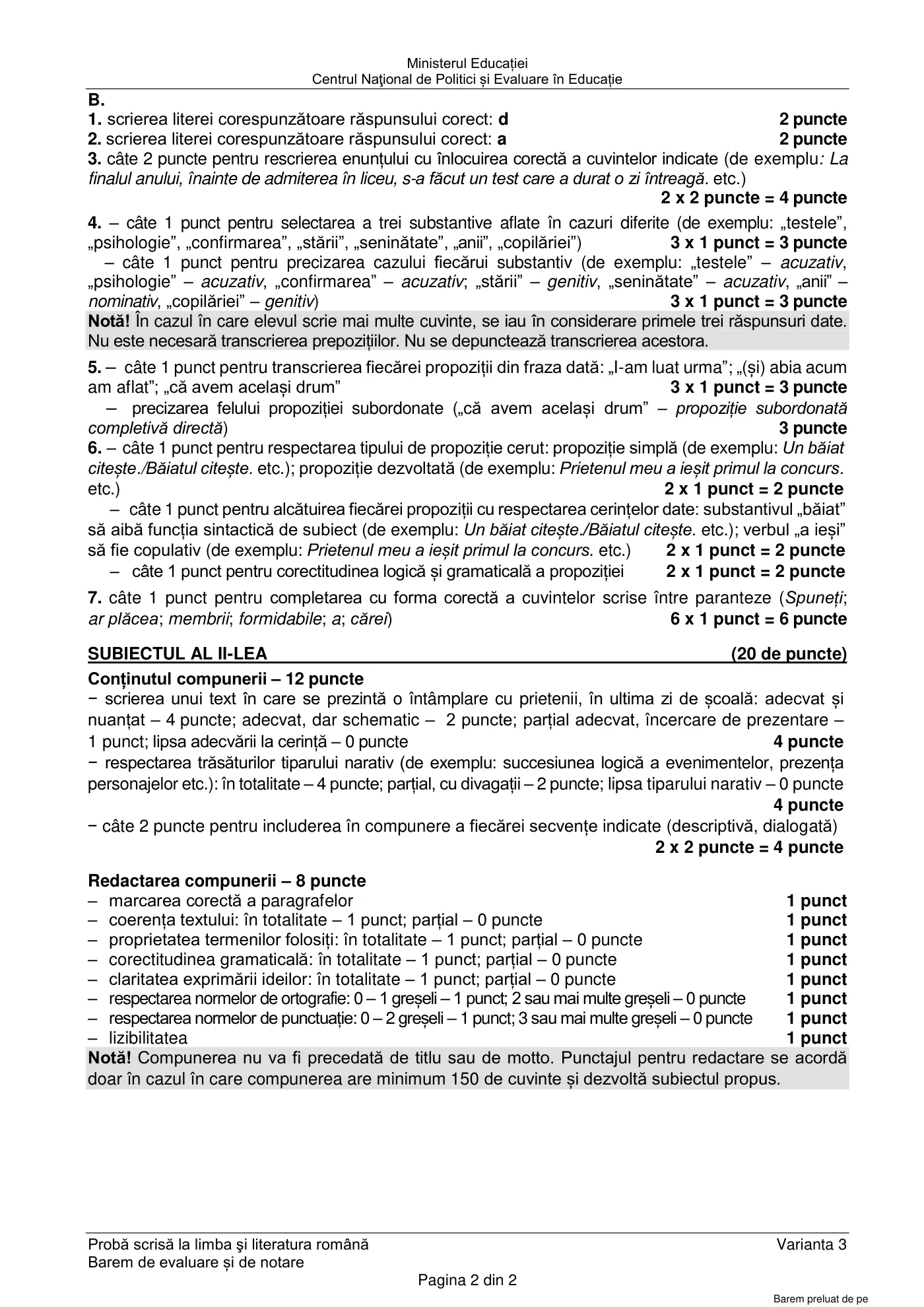Pagina 2 din baremul pentru subiect de rezervă, limba și literatura română, 22 iunie 2021