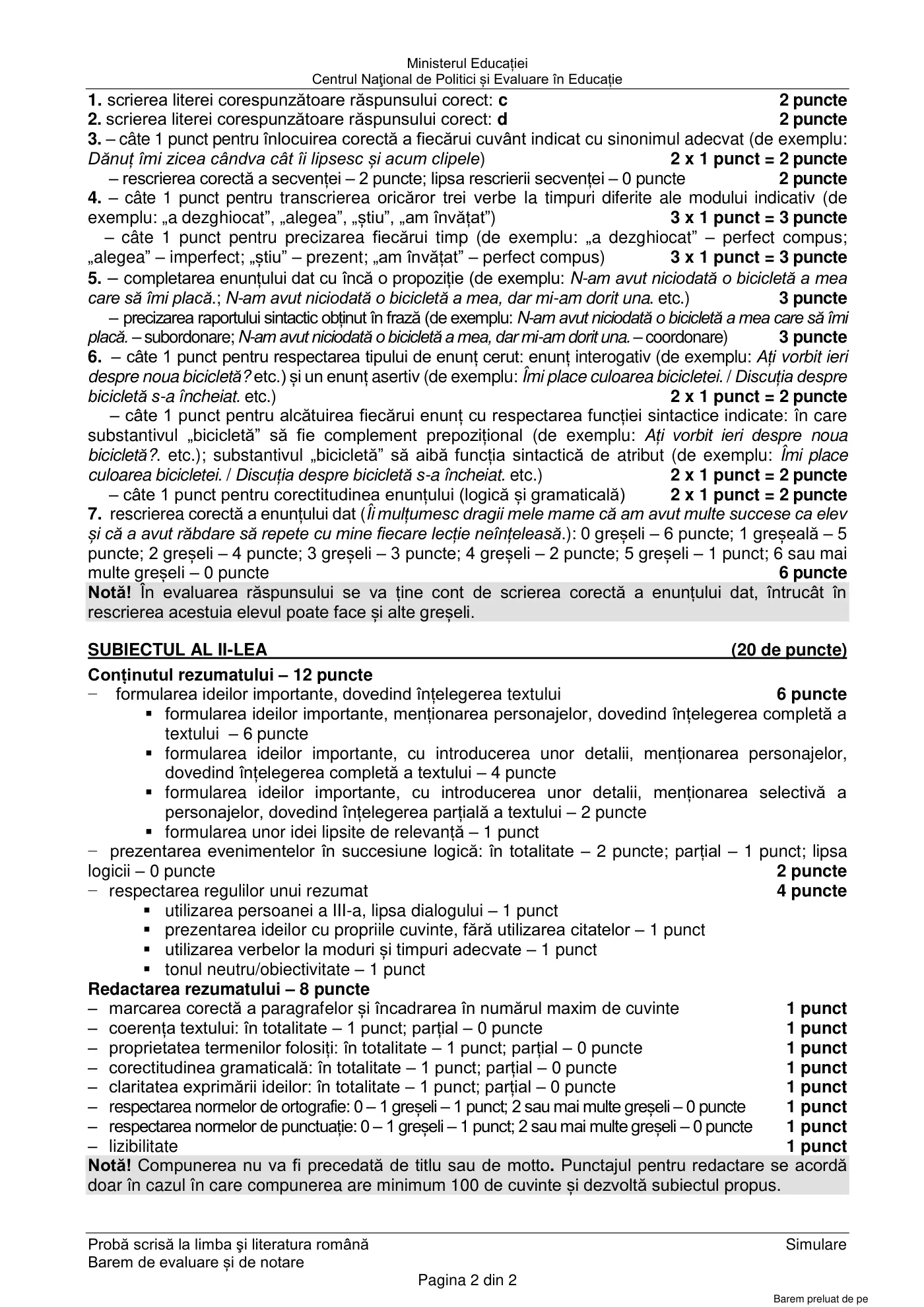 Pagina 2 din baremul pentru simulare națională, limba și literatura română, 29 martie 2021