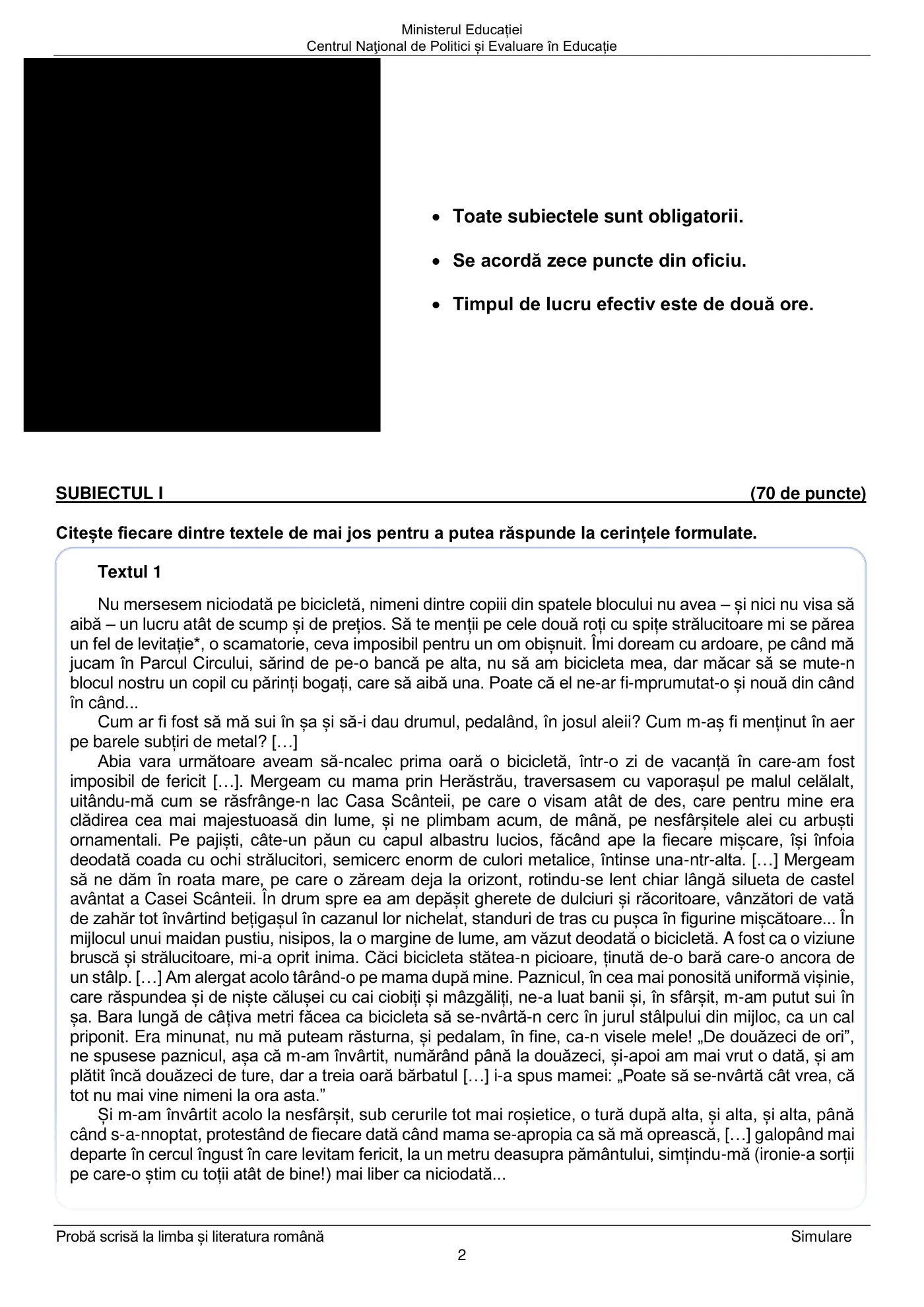 Pagina 2 din subiectul simulare națională, limba și literatura română, 29 martie 2021