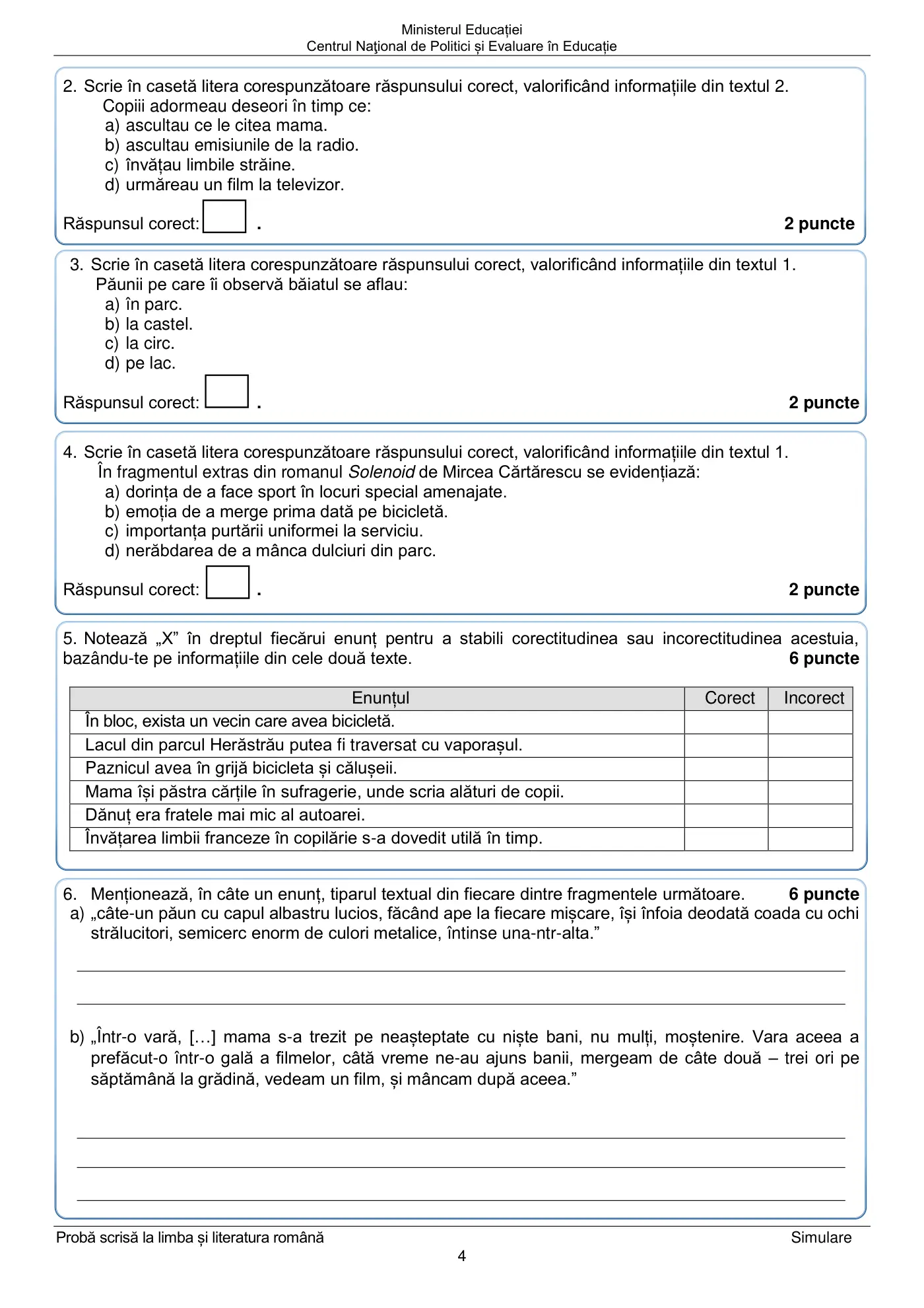 Pagina 4 din subiectul simulare națională, limba și literatura română, 29 martie 2021