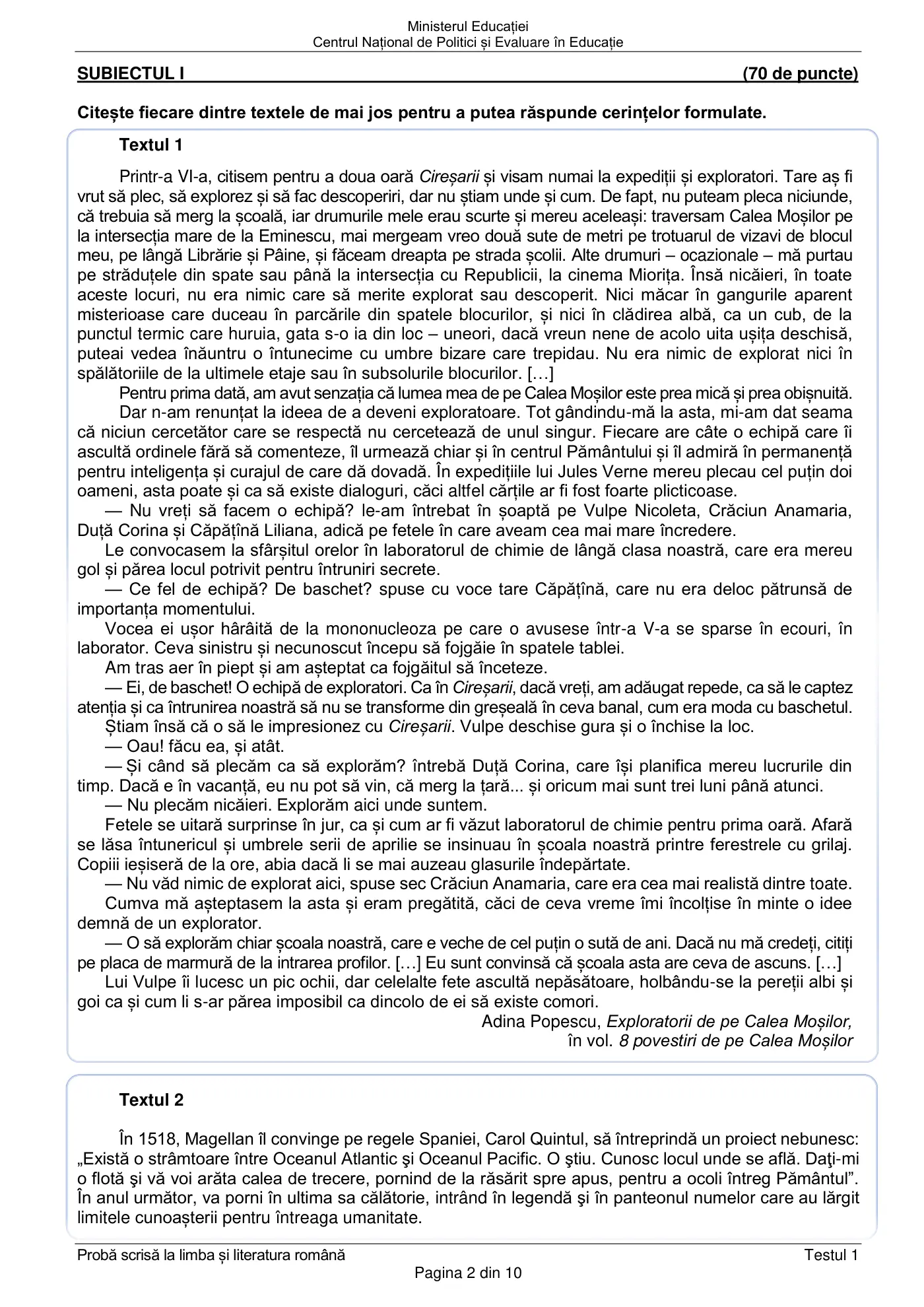 Pagina 2 din subiectul test de antrenament 1, limba și literatura română, februarie 2021