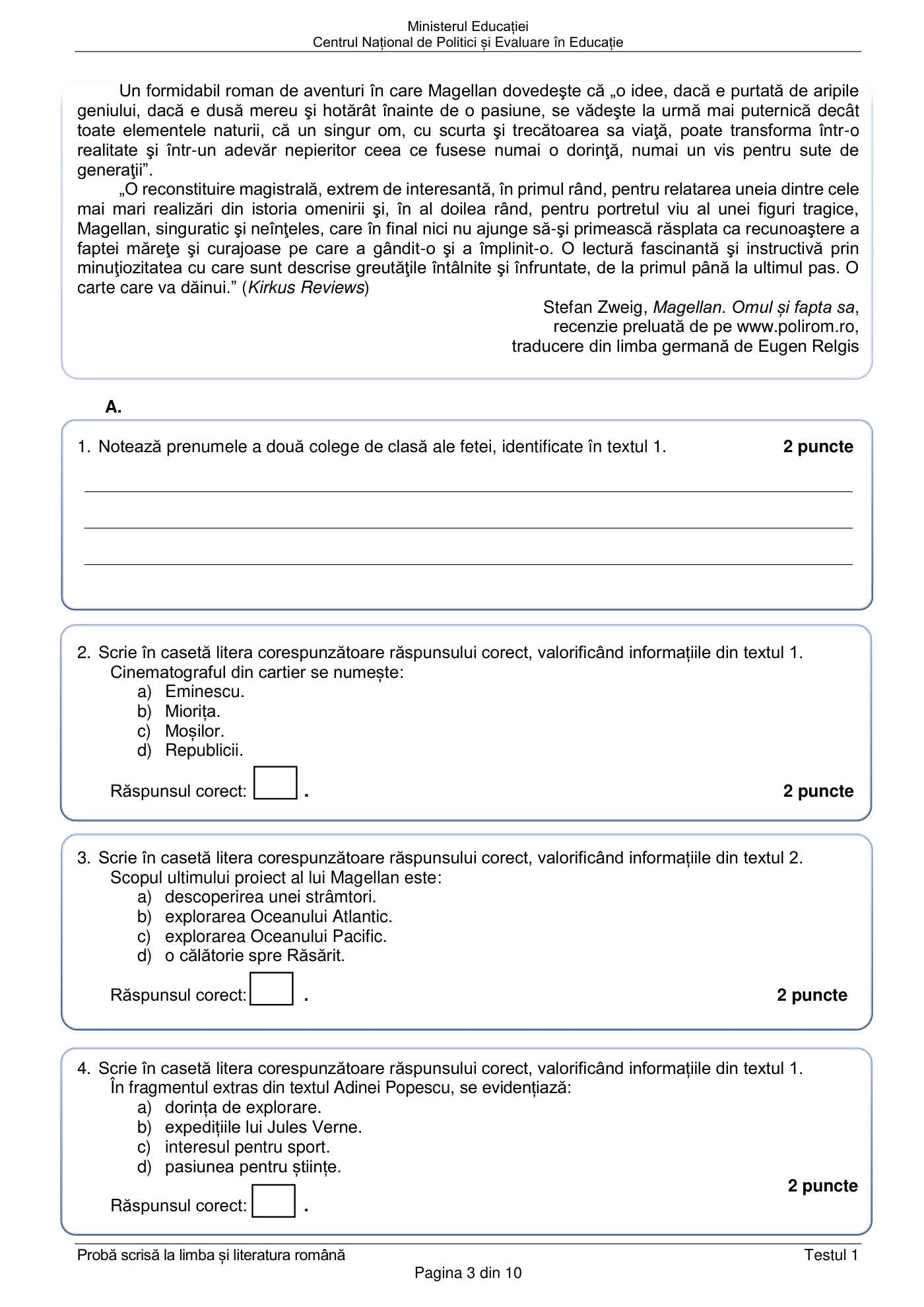 Pagina 3 din subiectul test de antrenament 1, limba și literatura română, februarie 2021