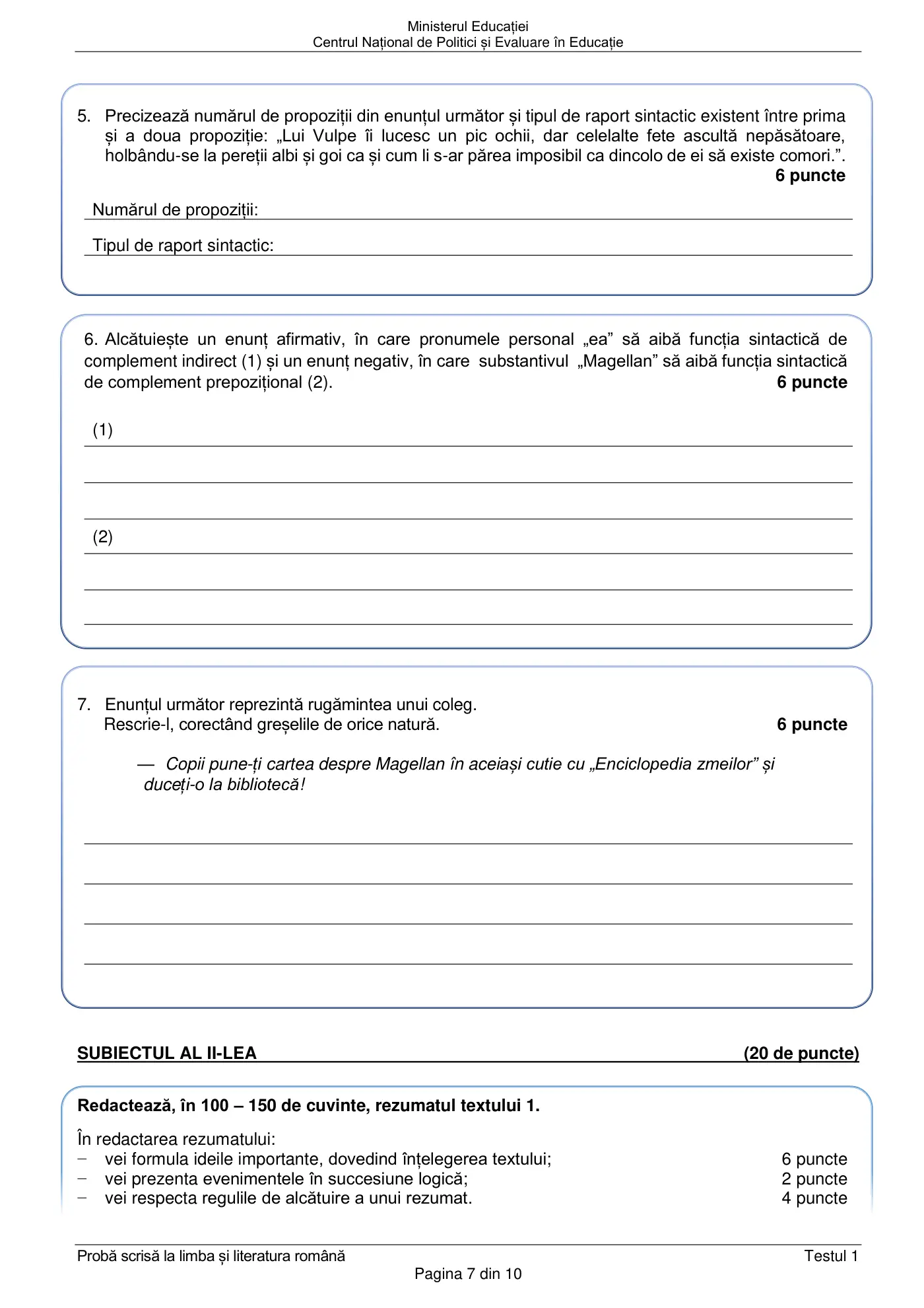 Pagina 7 din subiectul test de antrenament 1, limba și literatura română, februarie 2021