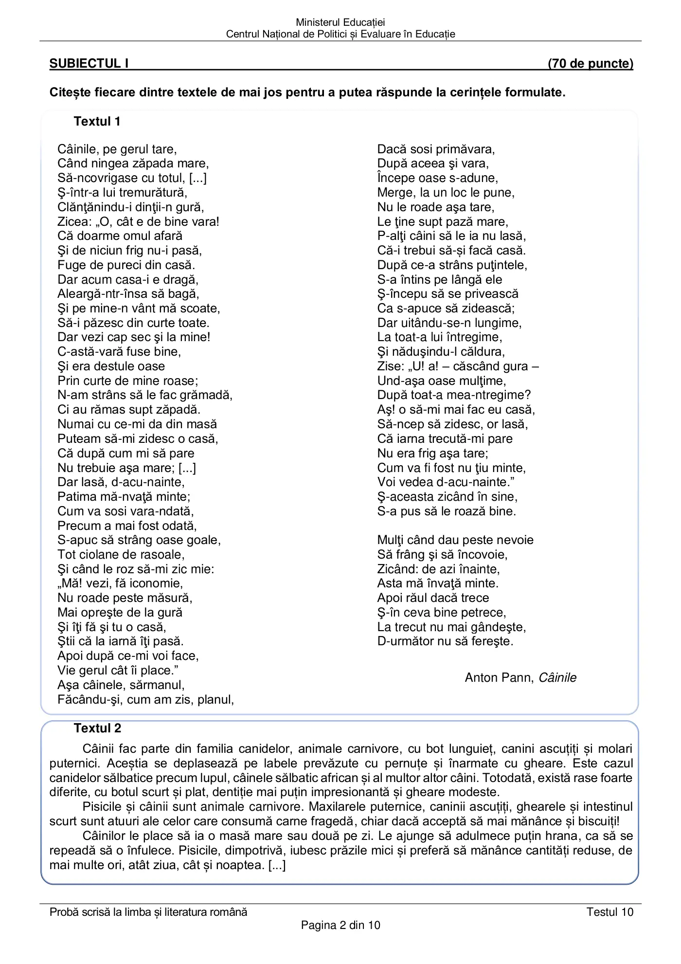 Pagina 2 din subiectul test de antrenament 10, limba și literatura română, martie 2021