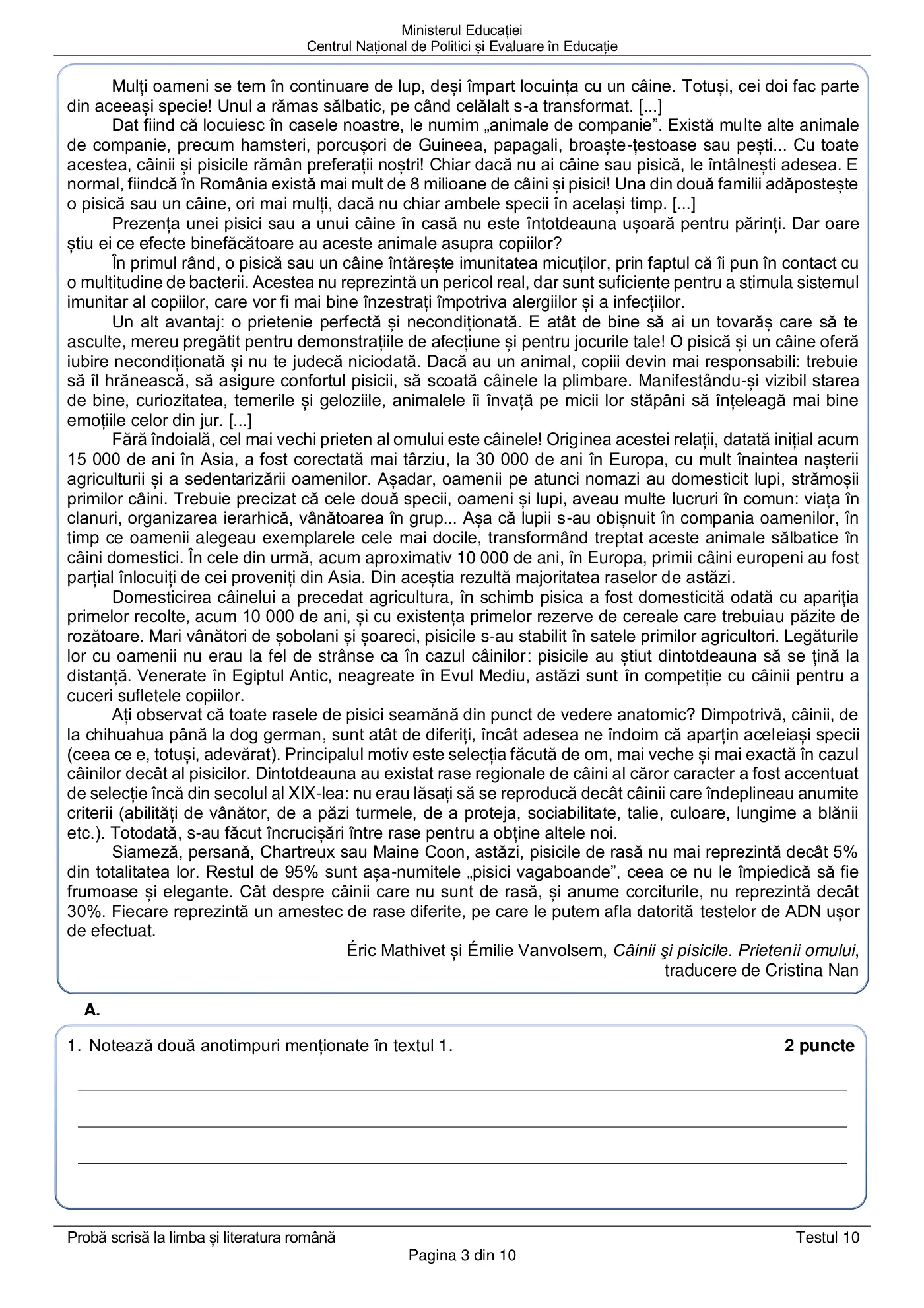 Pagina 3 din subiectul test de antrenament 10, limba și literatura română, martie 2021