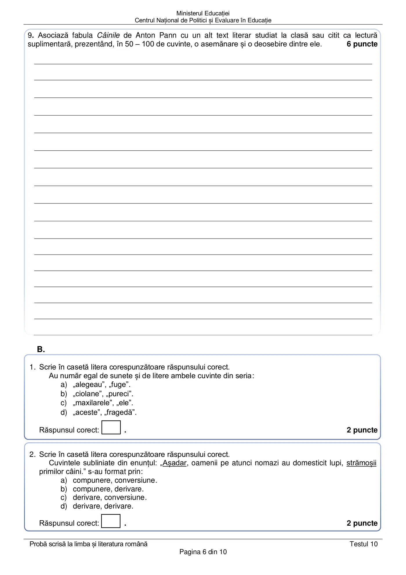 Pagina 6 din subiectul test de antrenament 10, limba și literatura română, martie 2021