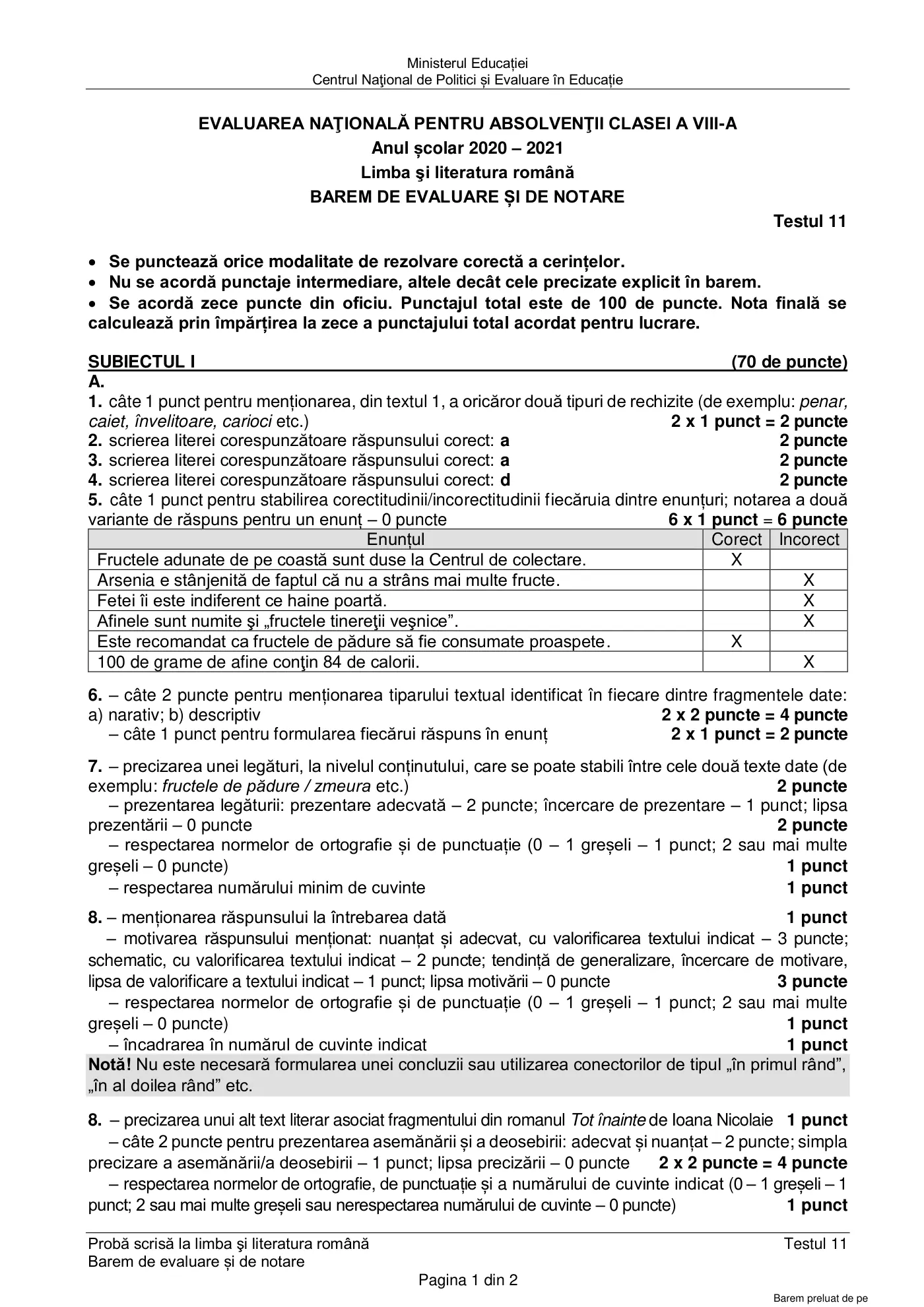 Pagina 1 din baremul pentru test de antrenament 11, limba și literatura română, martie 2021