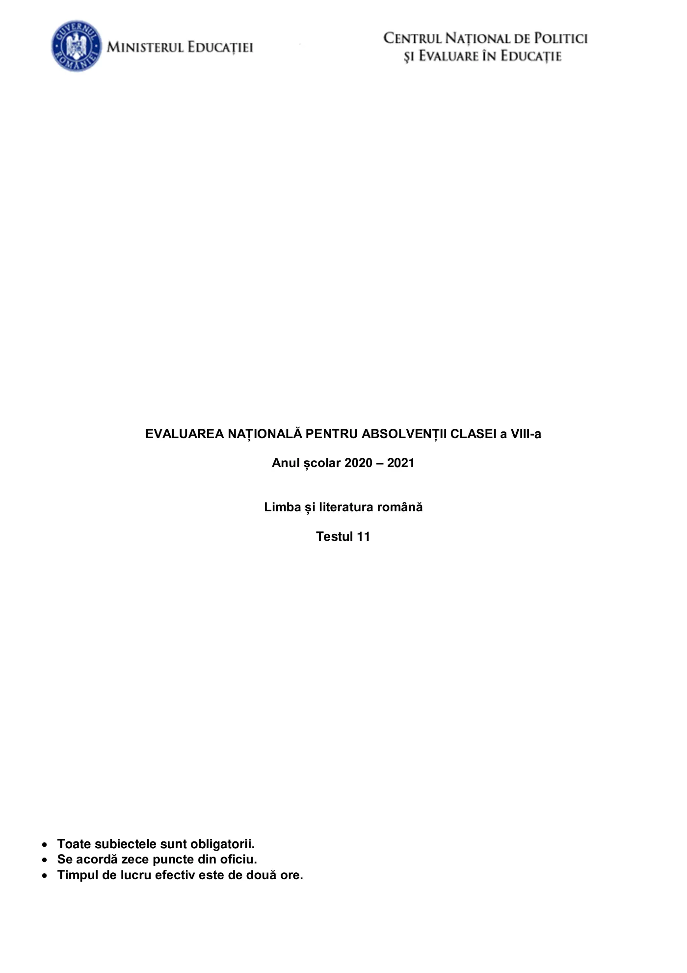 Pagina 1 din subiectul test de antrenament 11, limba și literatura română, martie 2021