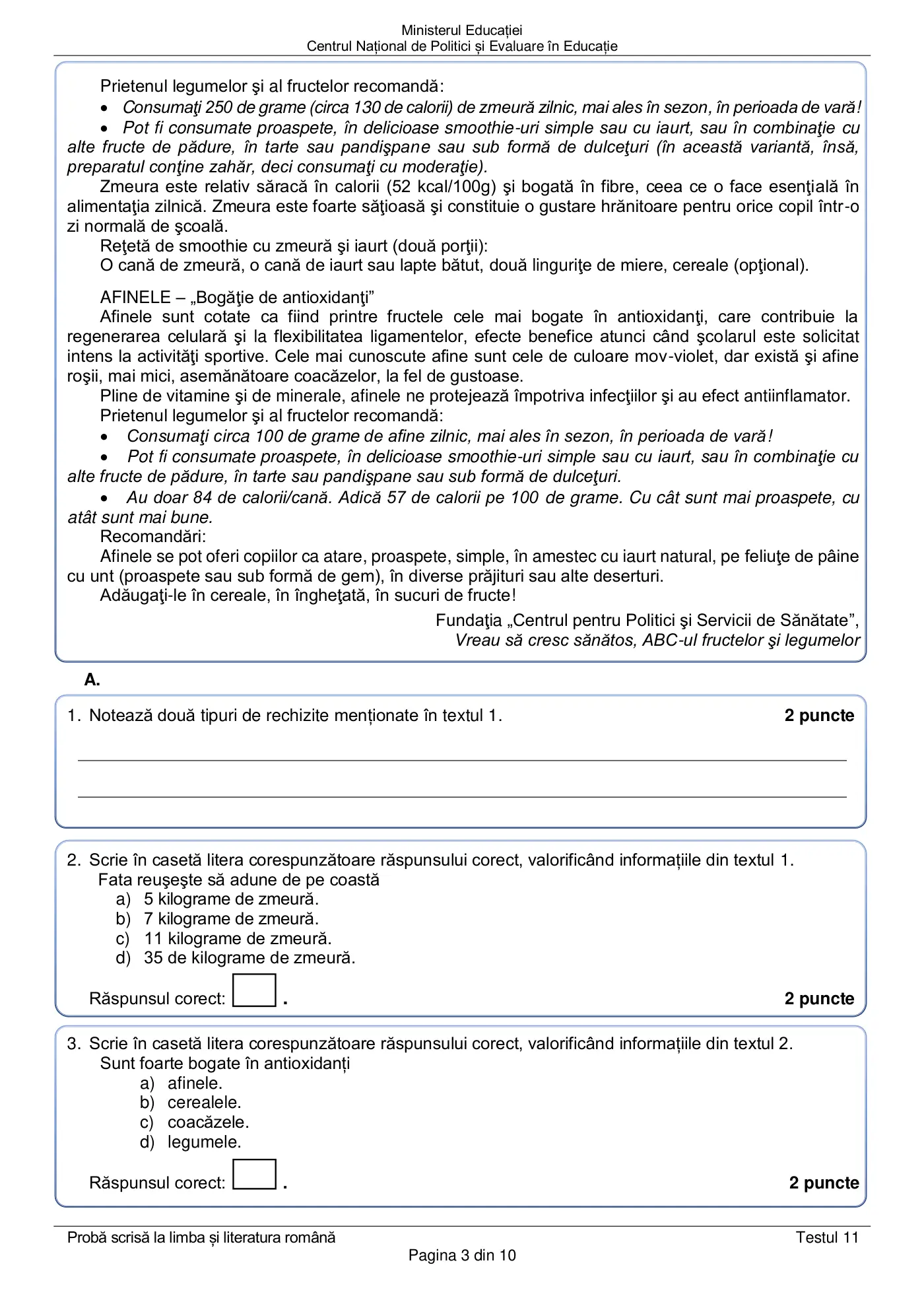Pagina 3 din subiectul test de antrenament 11, limba și literatura română, martie 2021