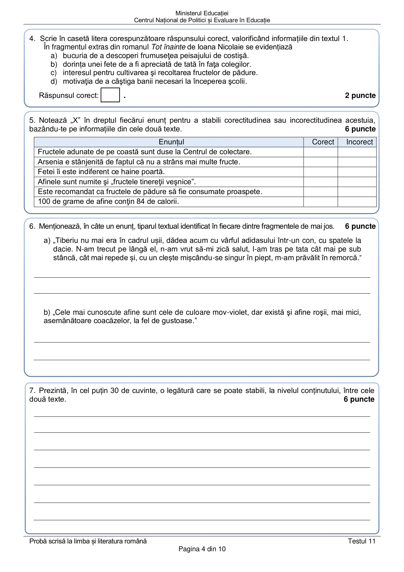 Pagina 4 din subiectul test de antrenament 11, limba și literatura română, martie 2021