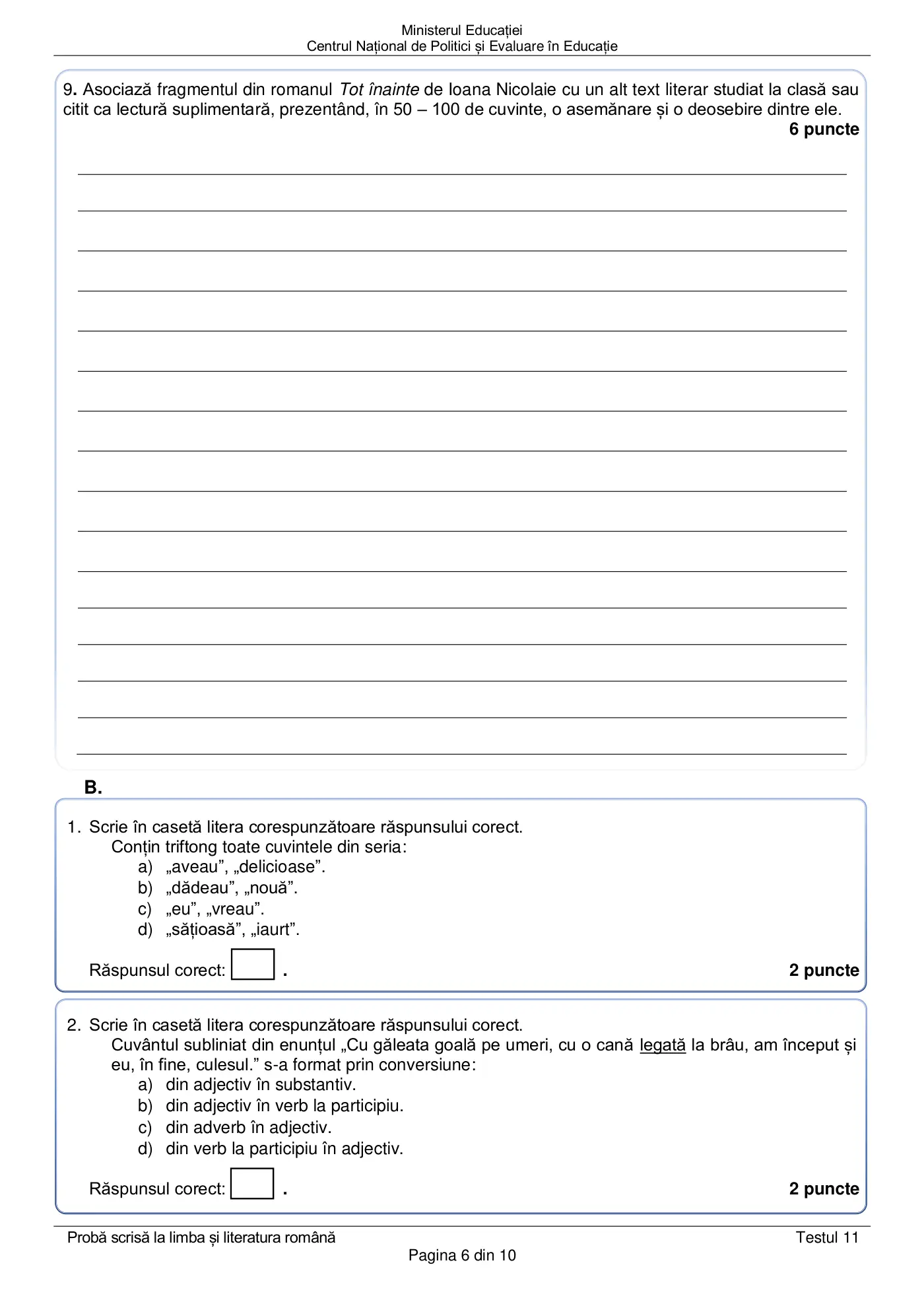 Pagina 6 din subiectul test de antrenament 11, limba și literatura română, martie 2021
