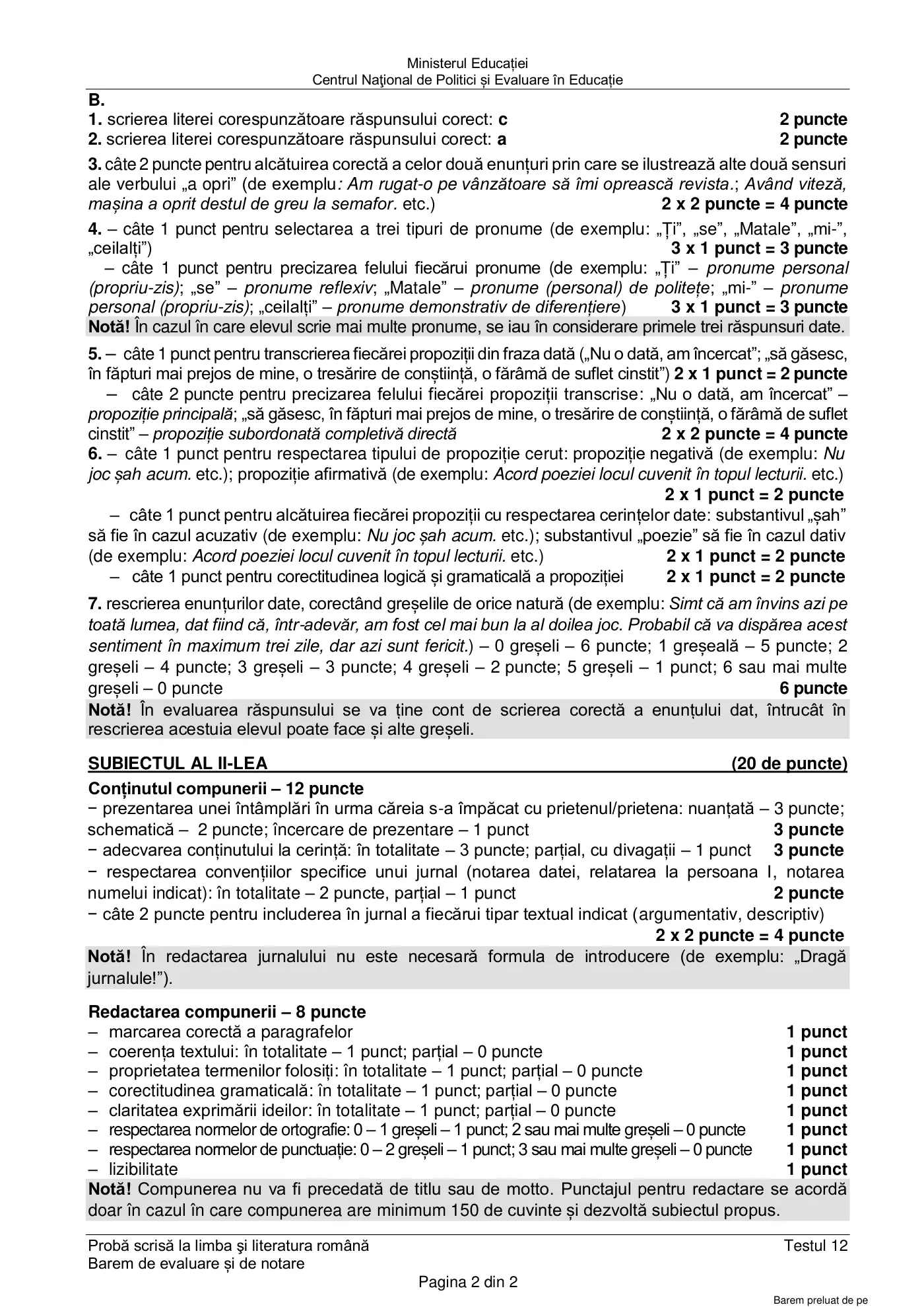 Pagina 2 din baremul pentru test de antrenament 12, limba și literatura română, martie 2021