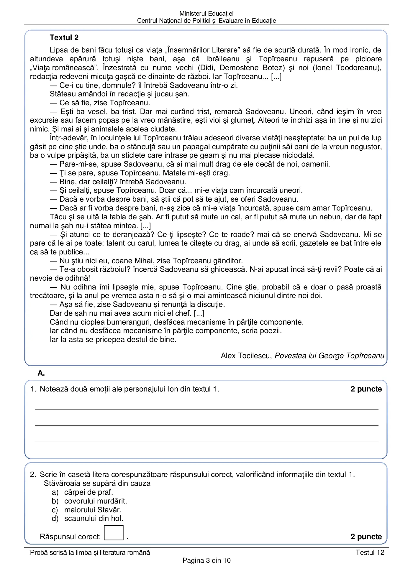 Pagina 3 din subiectul test de antrenament 12, limba și literatura română, martie 2021