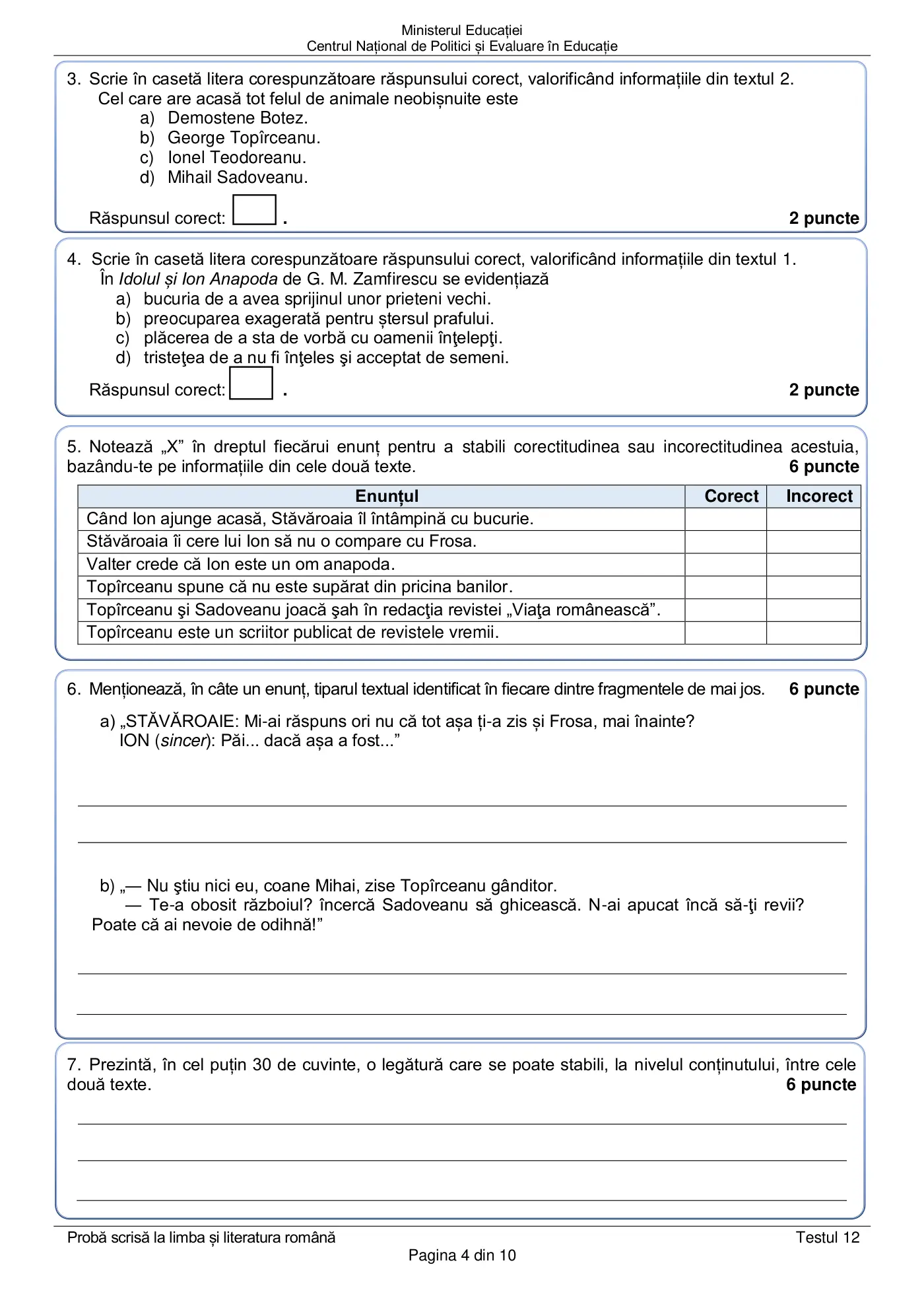 Pagina 4 din subiectul test de antrenament 12, limba și literatura română, martie 2021