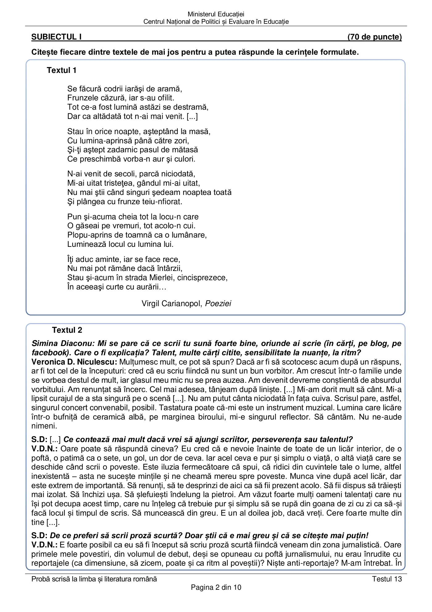 Pagina 2 din subiectul test de antrenament 13, limba și literatura română, martie 2021