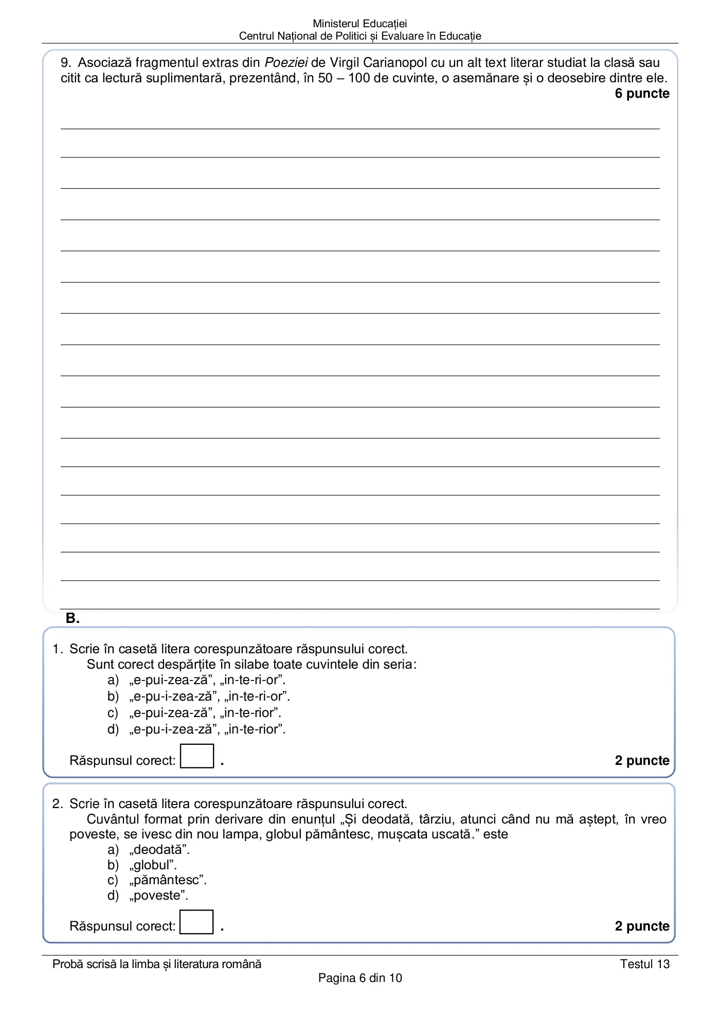 Pagina 6 din subiectul test de antrenament 13, limba și literatura română, martie 2021