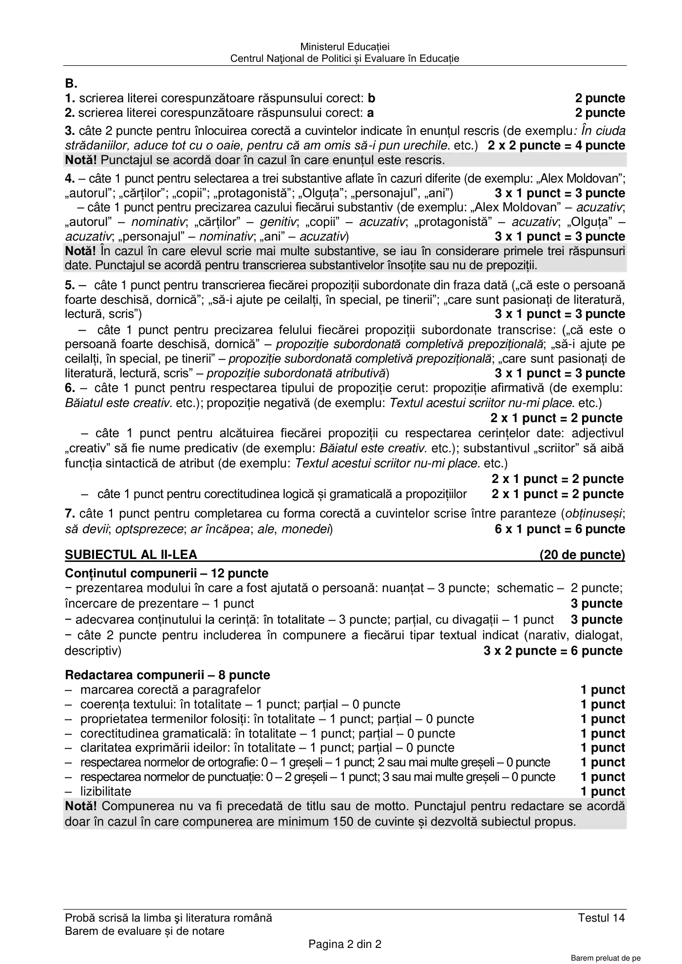 Pagina 2 din baremul pentru test de antrenament 14, limba și literatura română, martie 2021