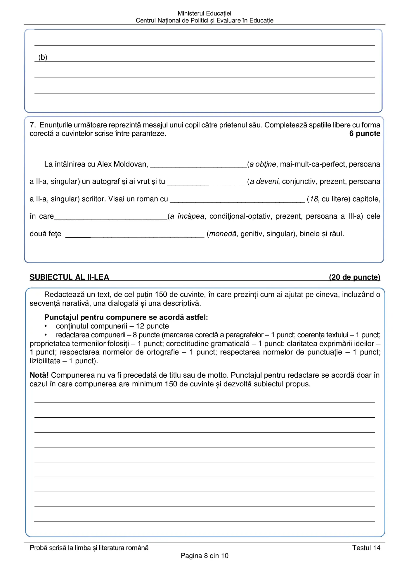 Pagina 8 din subiectul test de antrenament 14, limba și literatura română, martie 2021