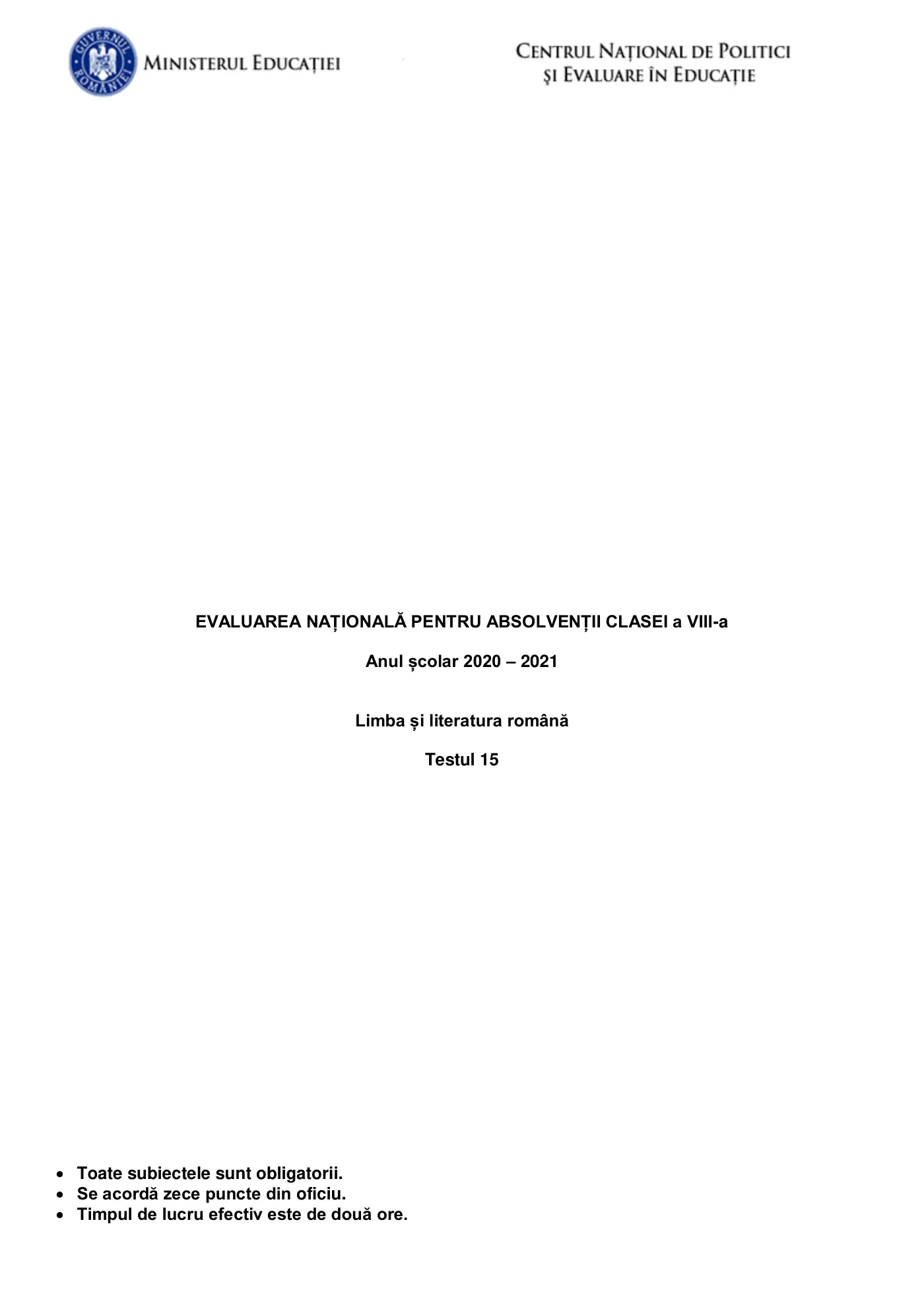 Pagina 1 din subiectul test de antrenament 15, limba și literatura română, martie 2021