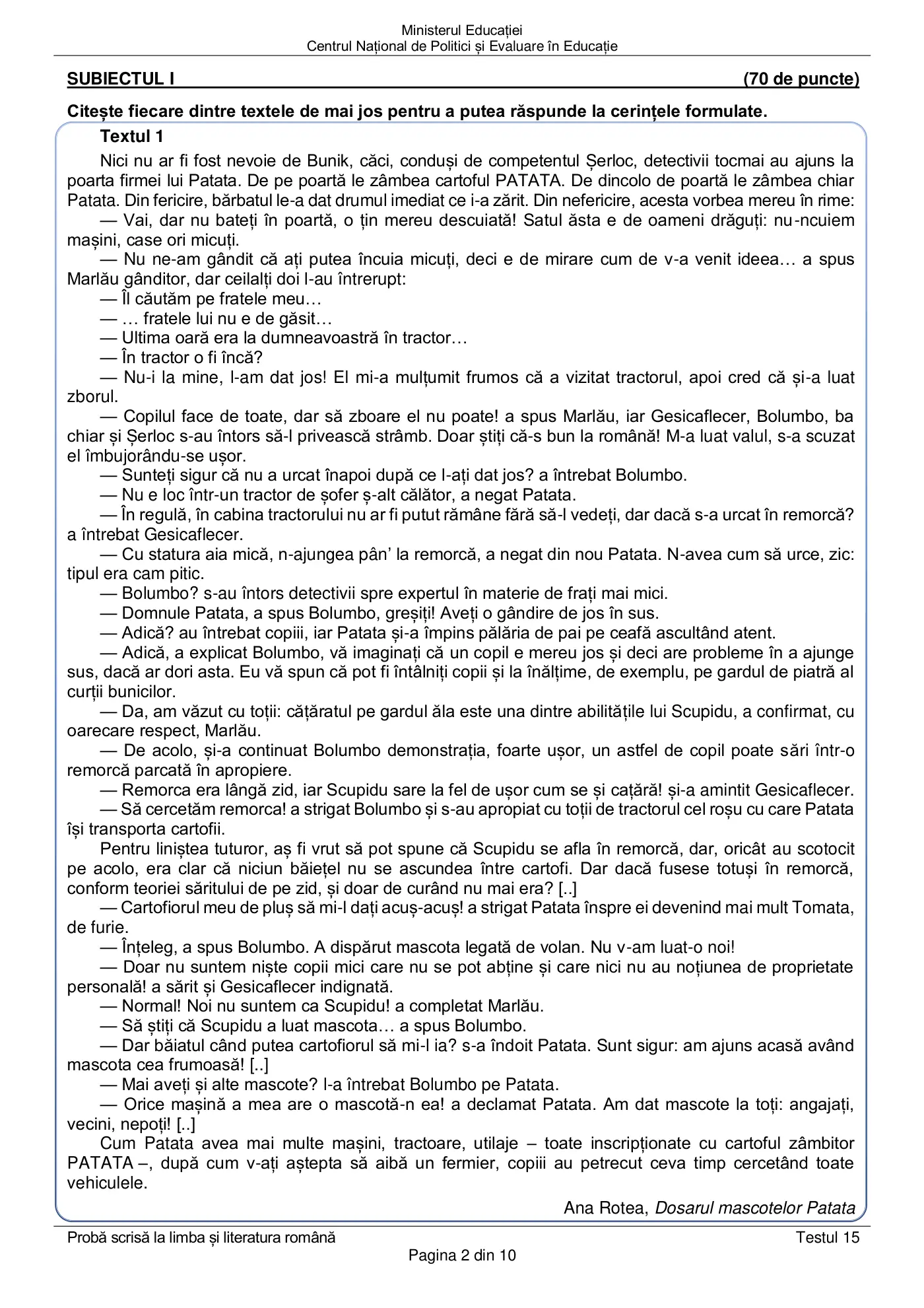 Pagina 2 din subiectul test de antrenament 15, limba și literatura română, martie 2021