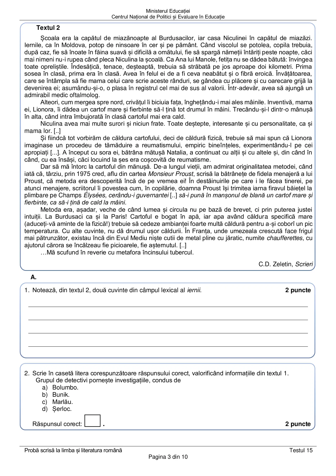 Pagina 3 din subiectul test de antrenament 15, limba și literatura română, martie 2021