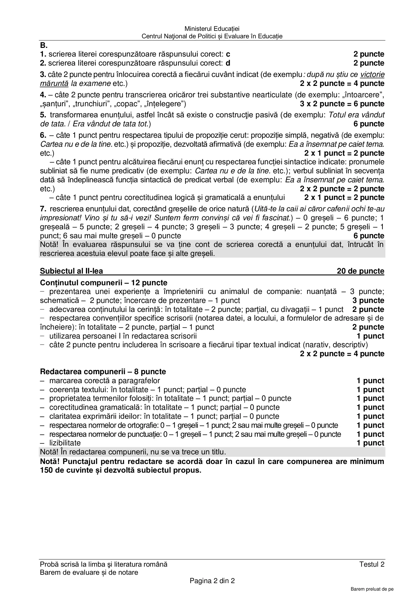 Pagina 2 din baremul pentru test de antrenament 2, limba și literatura română, februarie 2021