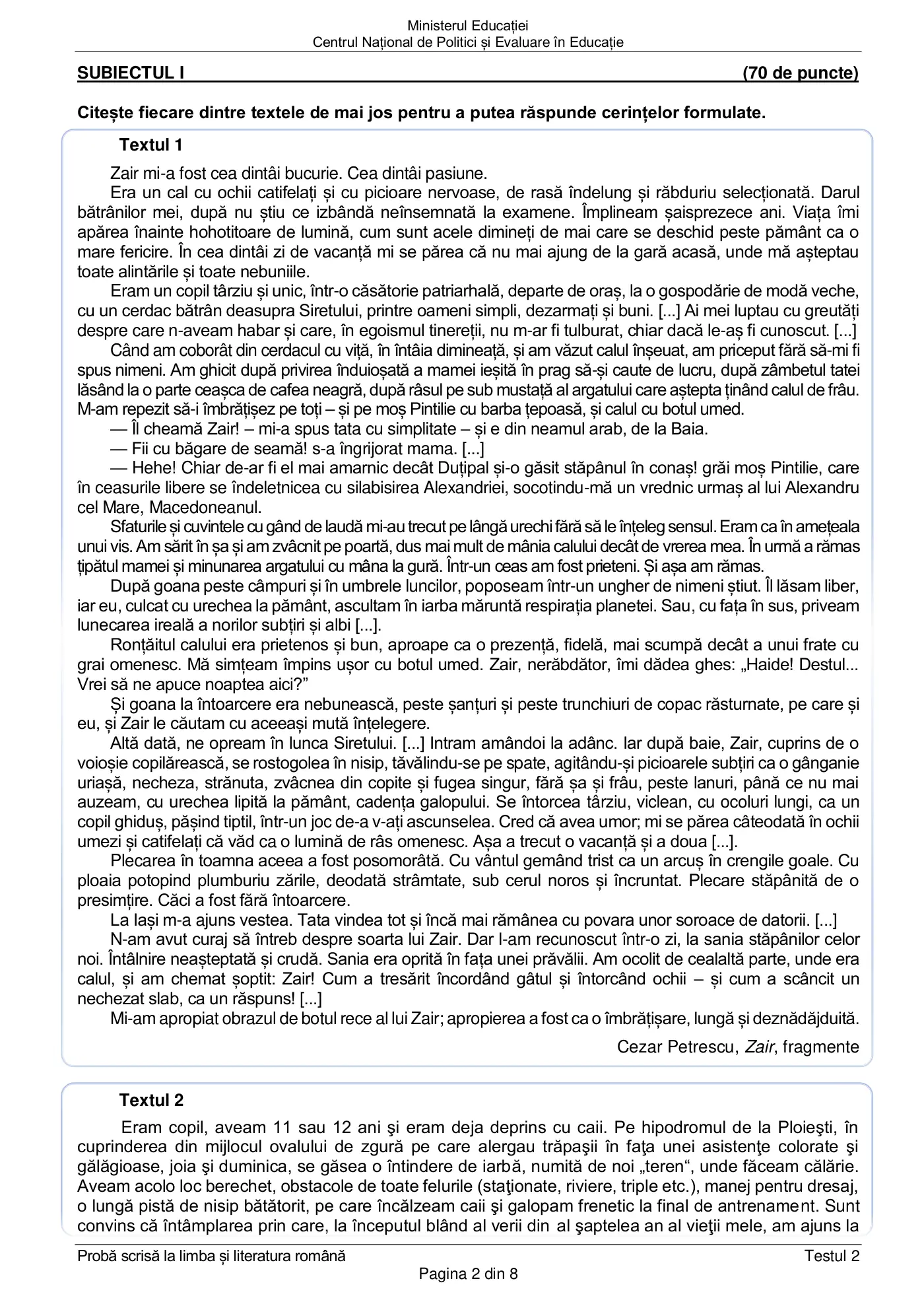 Pagina 2 din subiectul test de antrenament 2, limba și literatura română, februarie 2021