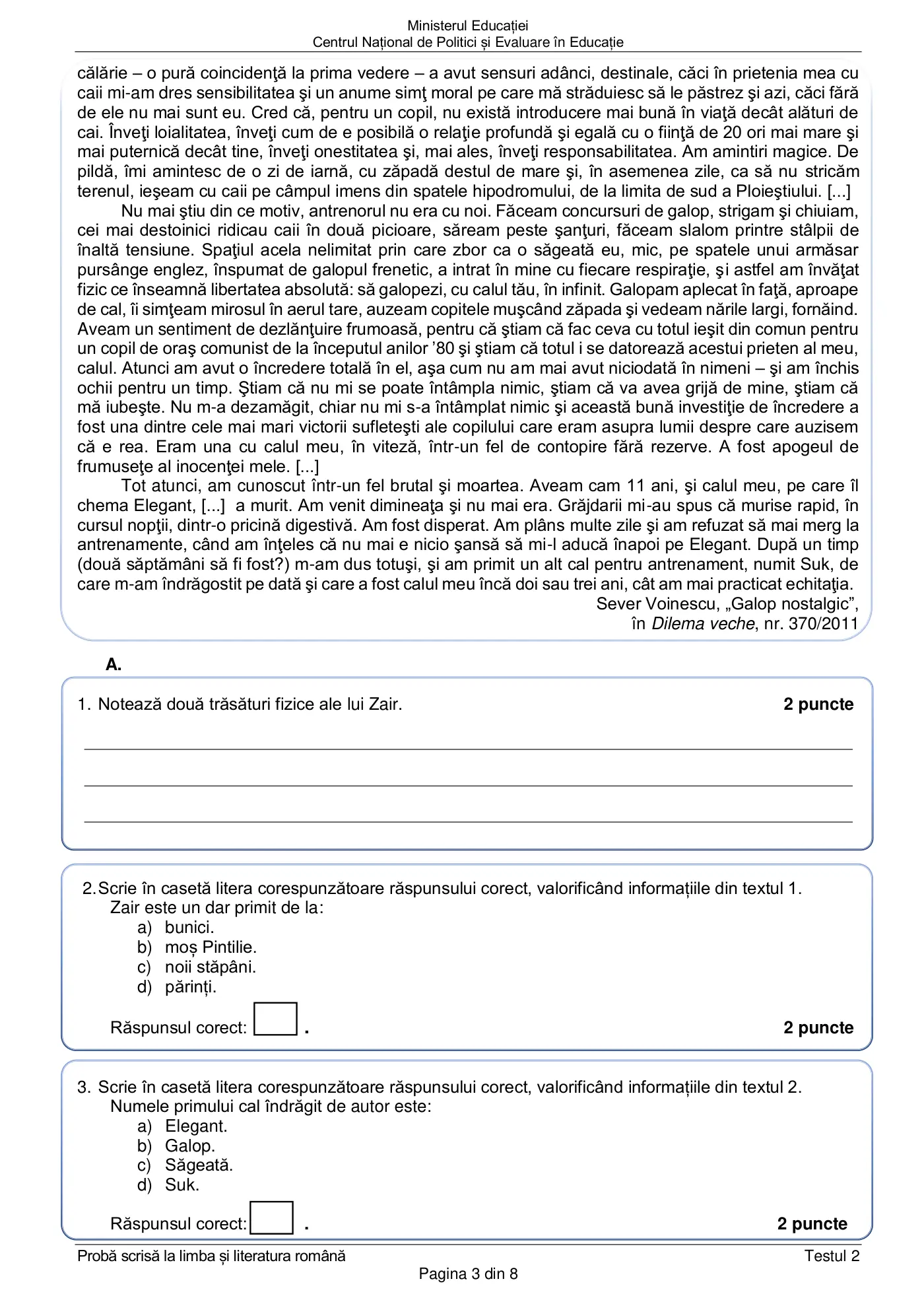 Pagina 3 din subiectul test de antrenament 2, limba și literatura română, februarie 2021
