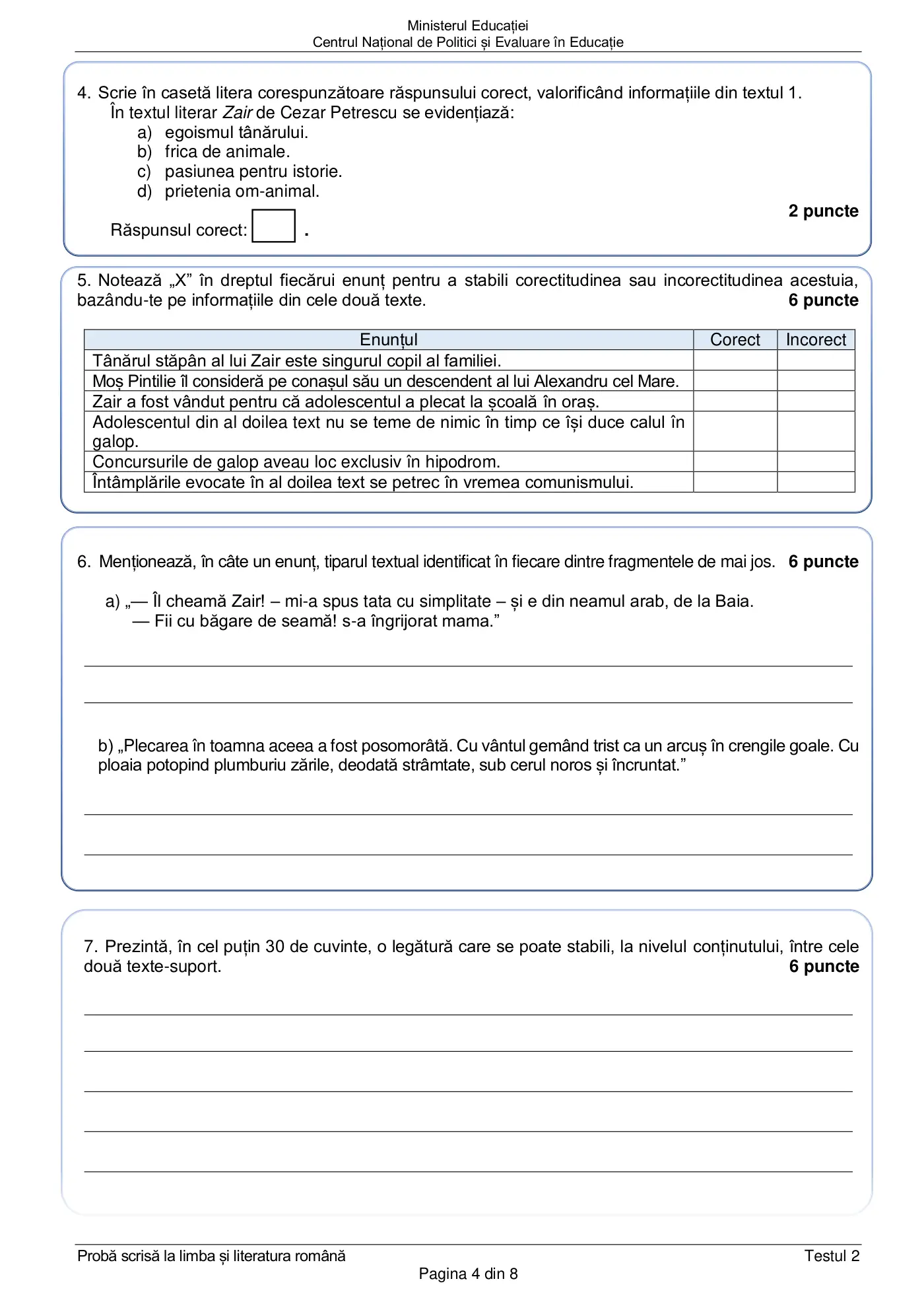 Pagina 4 din subiectul test de antrenament 2, limba și literatura română, februarie 2021