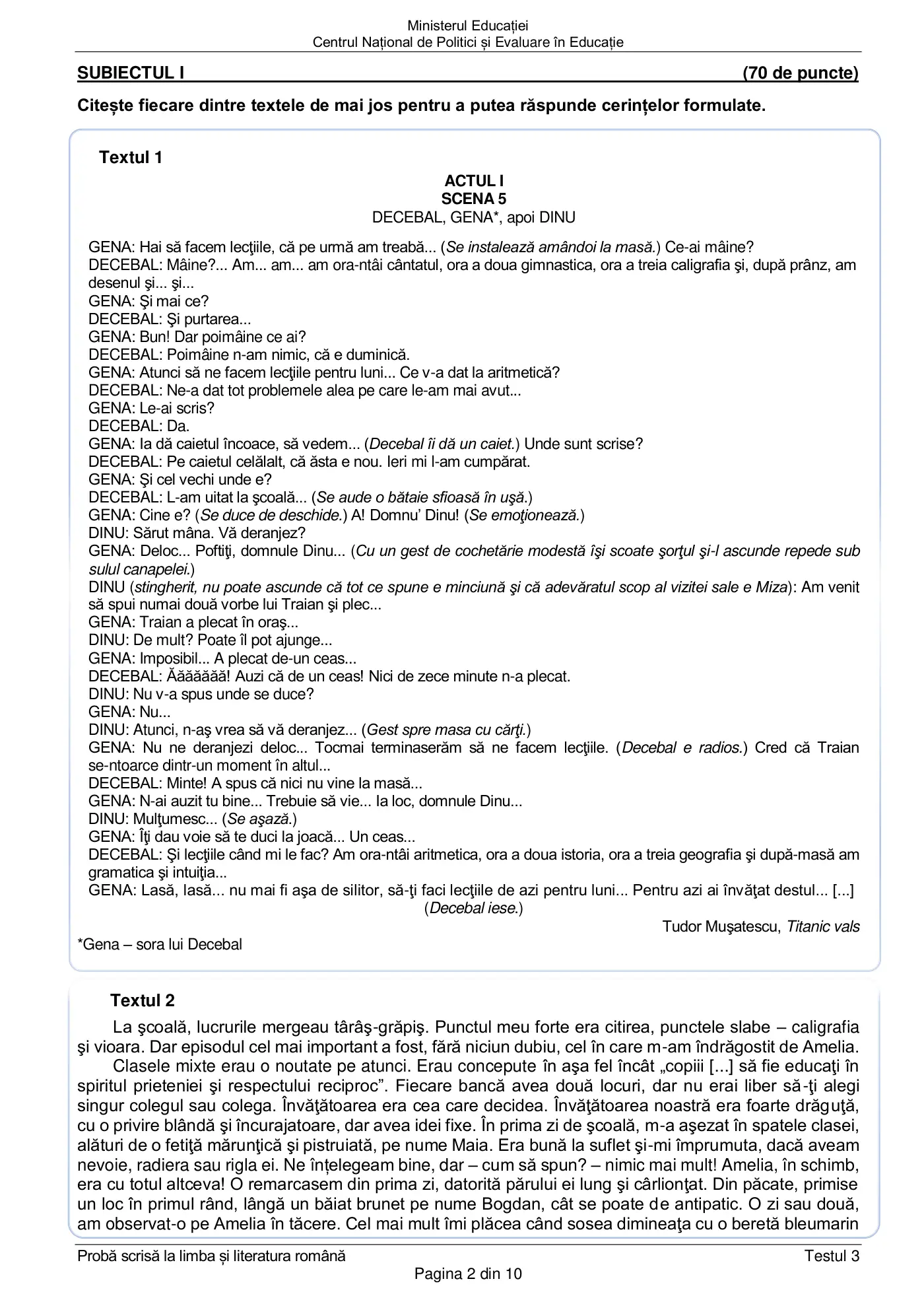 Pagina 2 din subiectul test de antrenament 3, limba și literatura română, februarie 2021