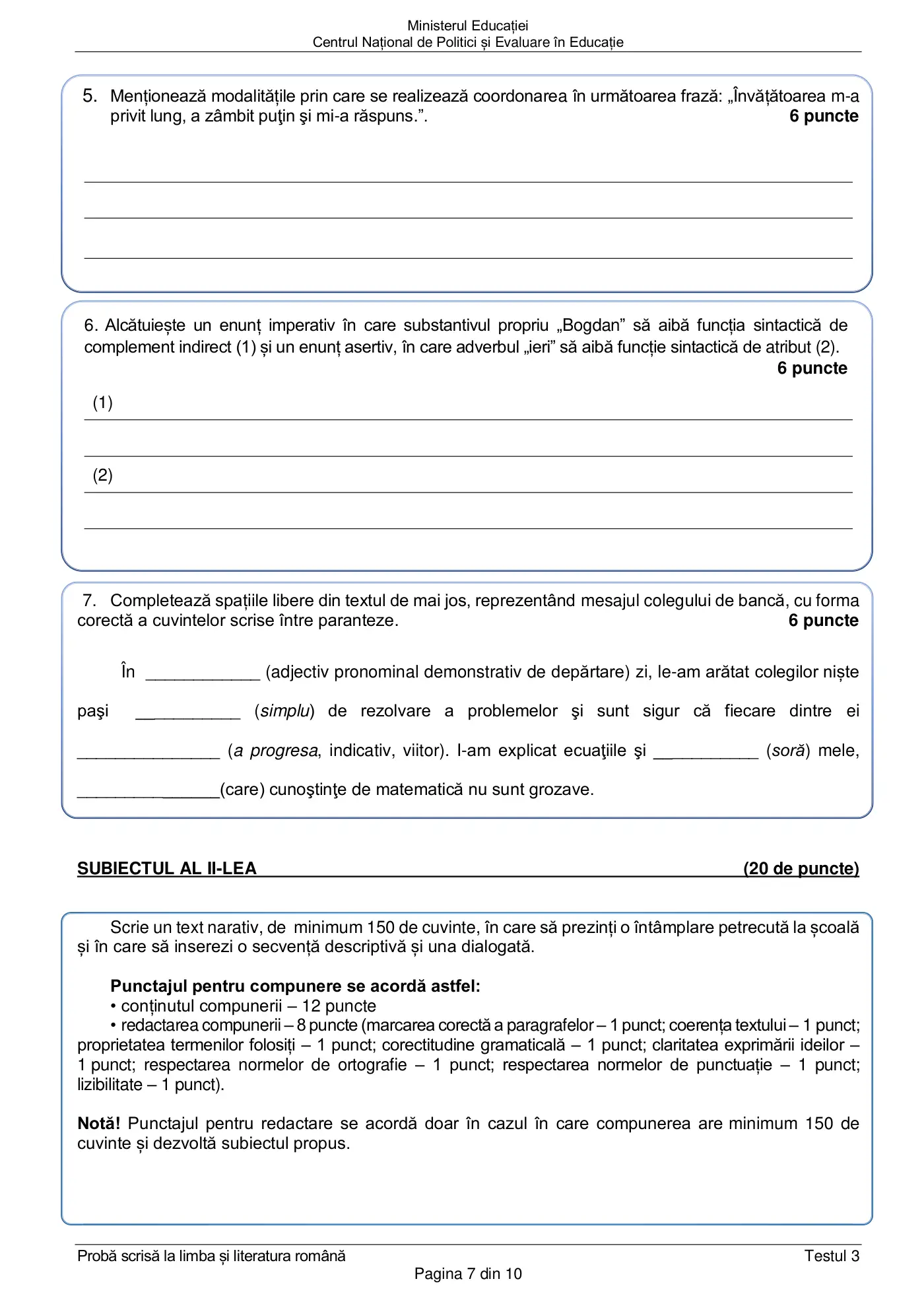 Pagina 7 din subiectul test de antrenament 3, limba și literatura română, februarie 2021