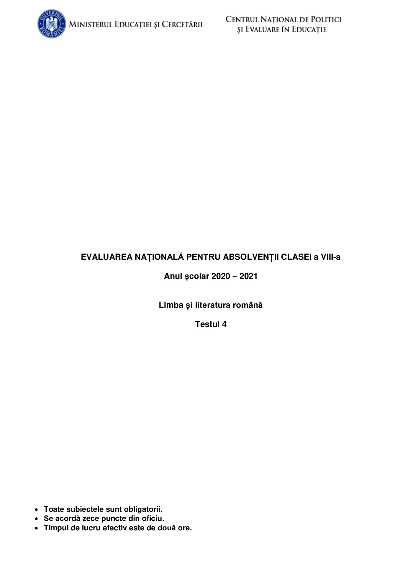 Pagina 1 din subiectul test de antrenament 4, limba și literatura română, februarie 2021