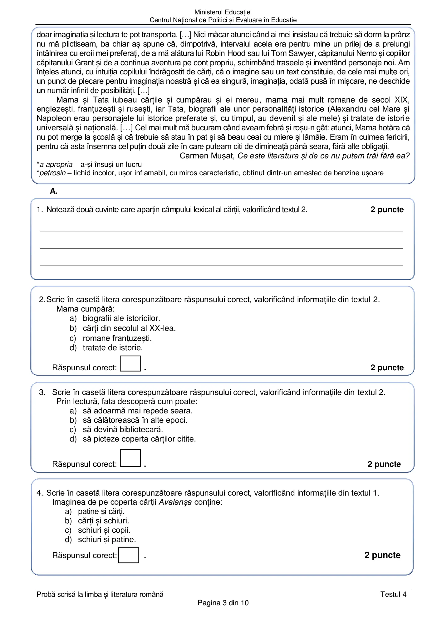 Pagina 3 din subiectul test de antrenament 4, limba și literatura română, februarie 2021