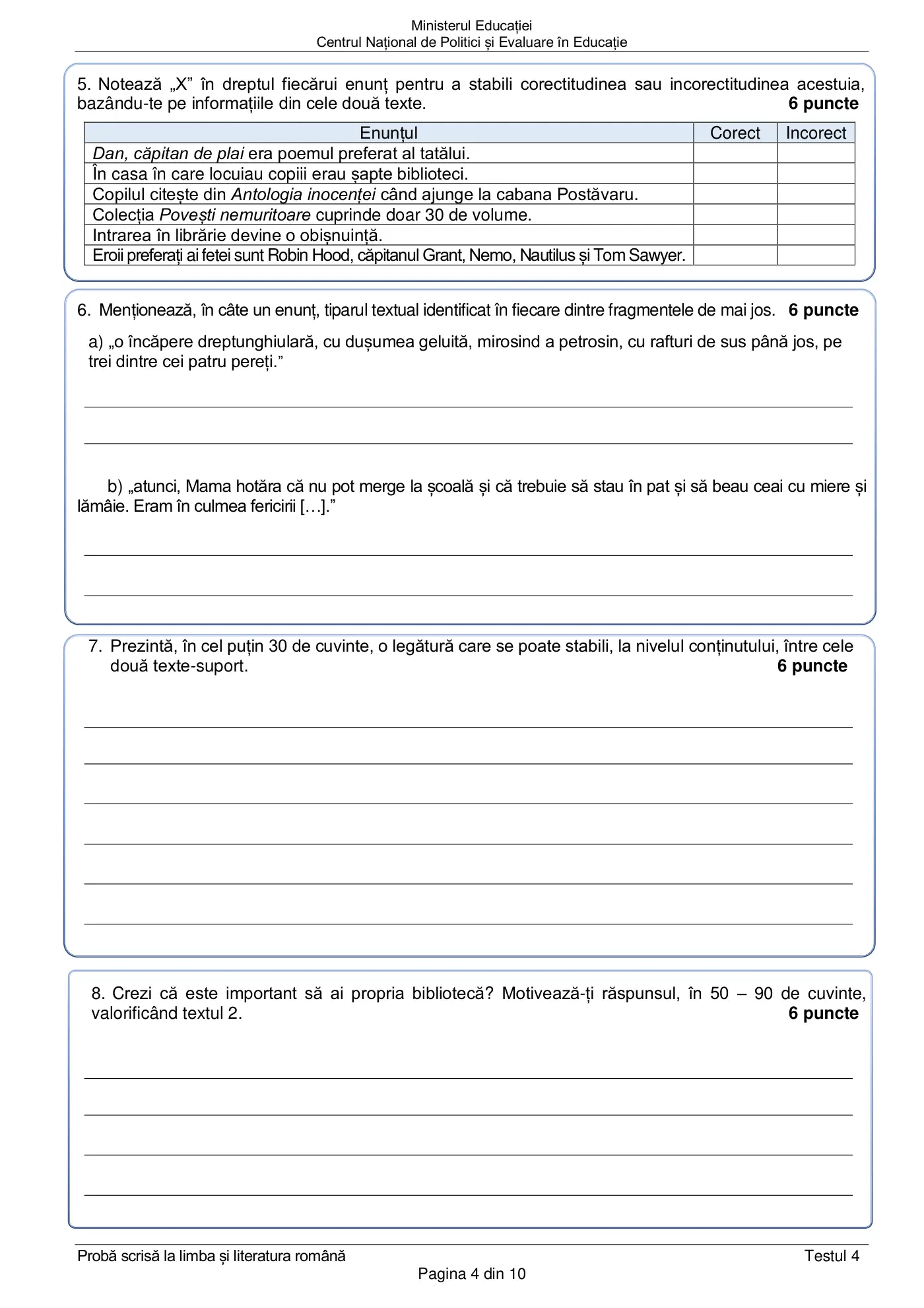 Pagina 4 din subiectul test de antrenament 4, limba și literatura română, februarie 2021