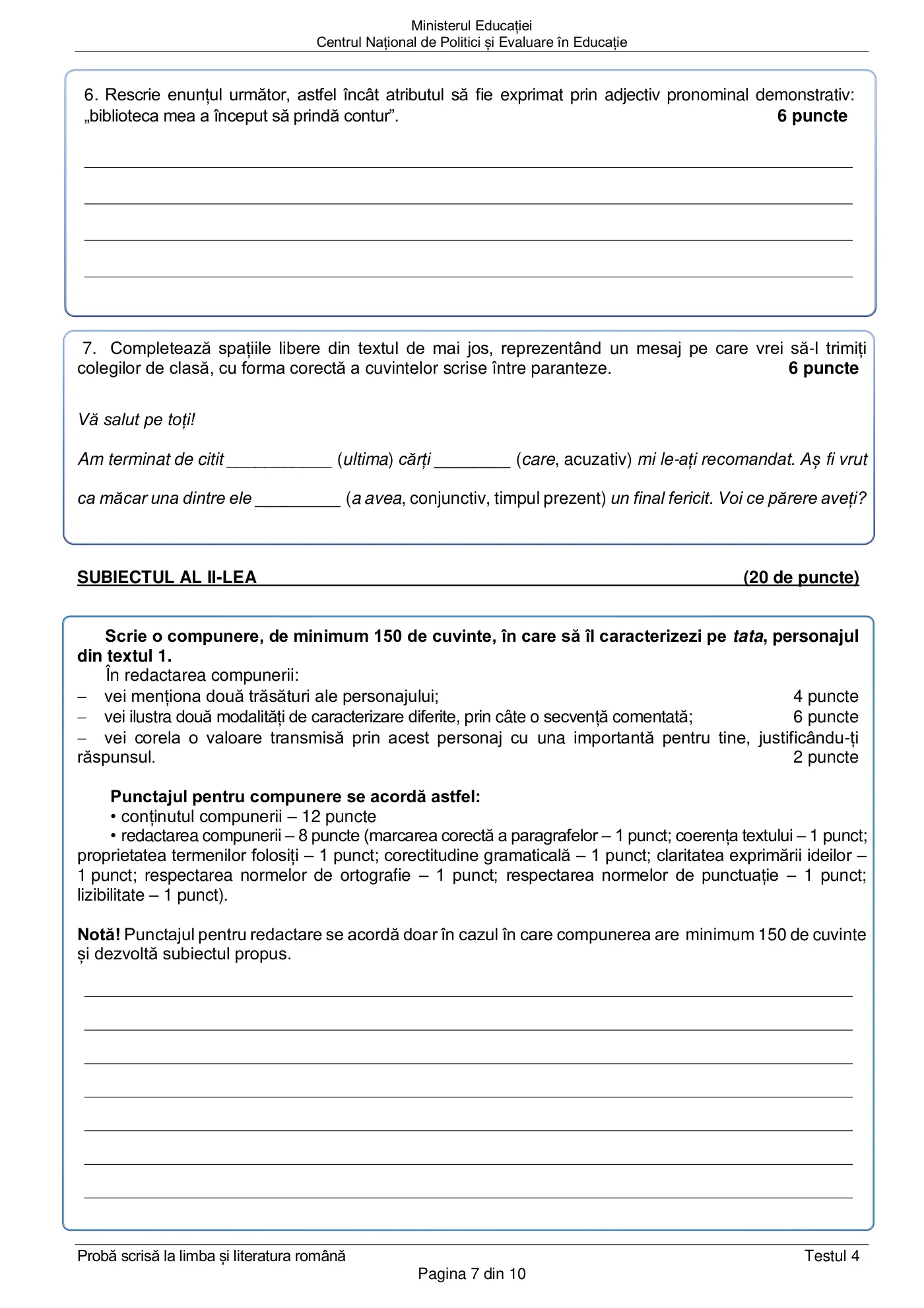 Pagina 7 din subiectul test de antrenament 4, limba și literatura română, februarie 2021