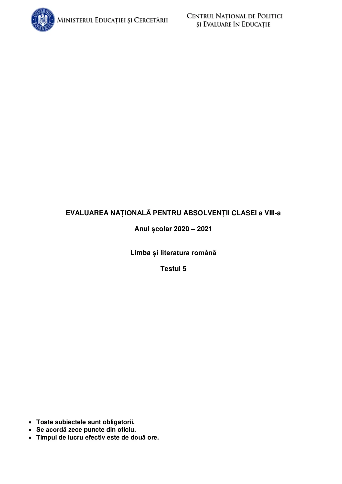 Pagina 1 din subiectul test de antrenament 5, limba și literatura română, februarie 2021